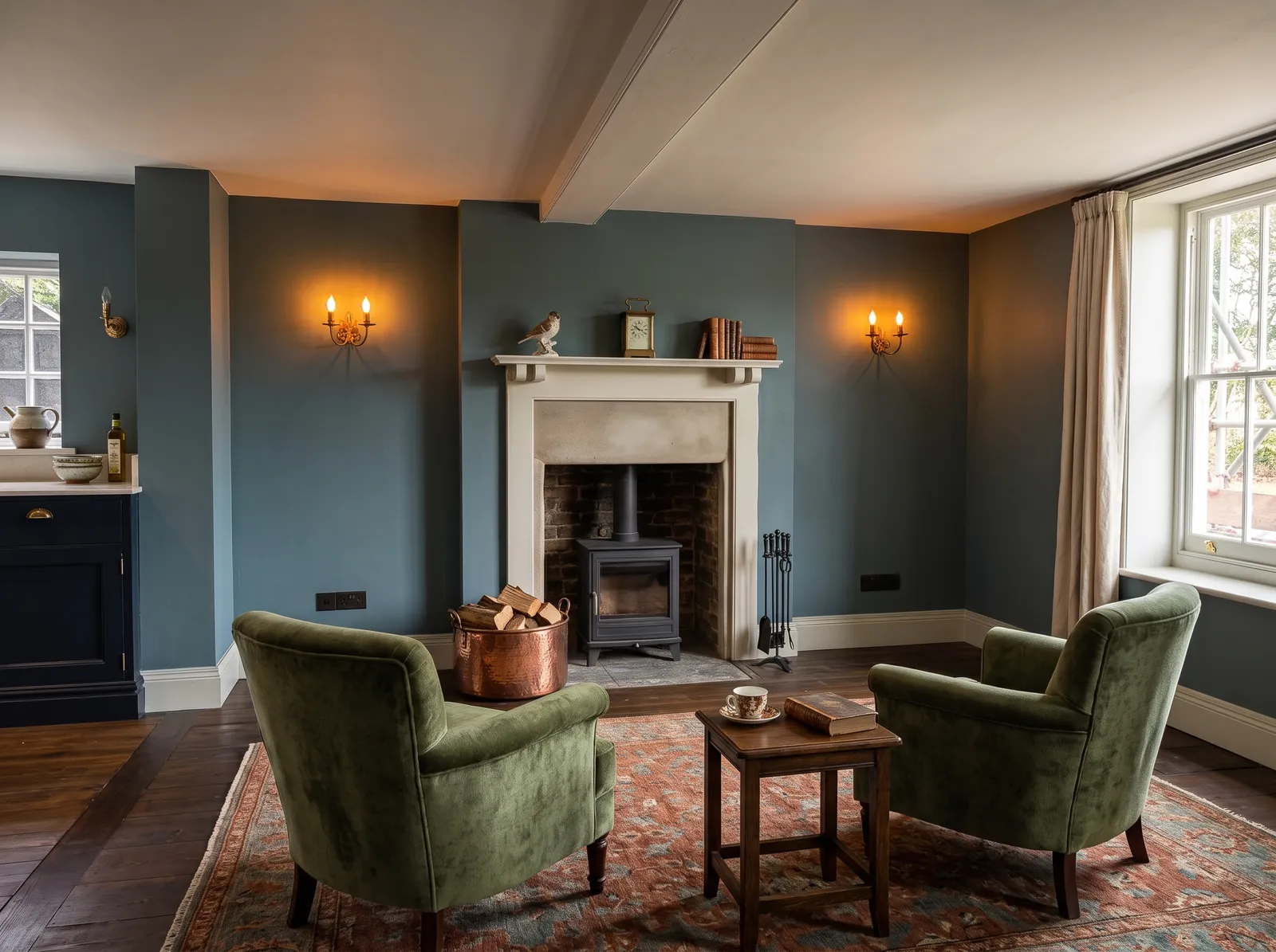 Kitchen with fireplace and wood burner at Carters Farm, Norley Wood