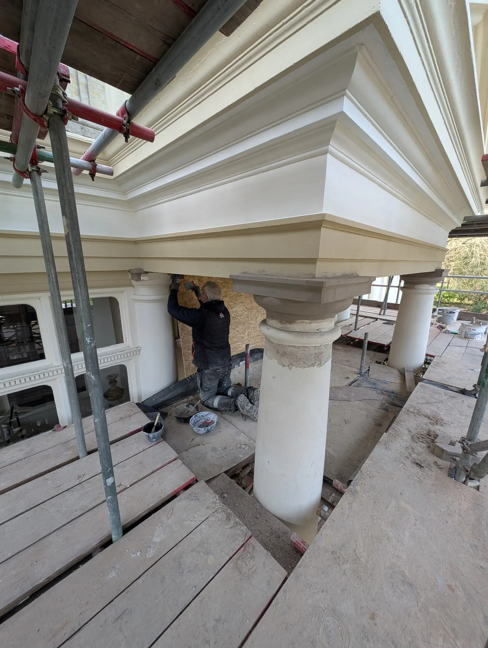 Portico at Pylewell Park, historic mansion restoration — turned timber balustrade