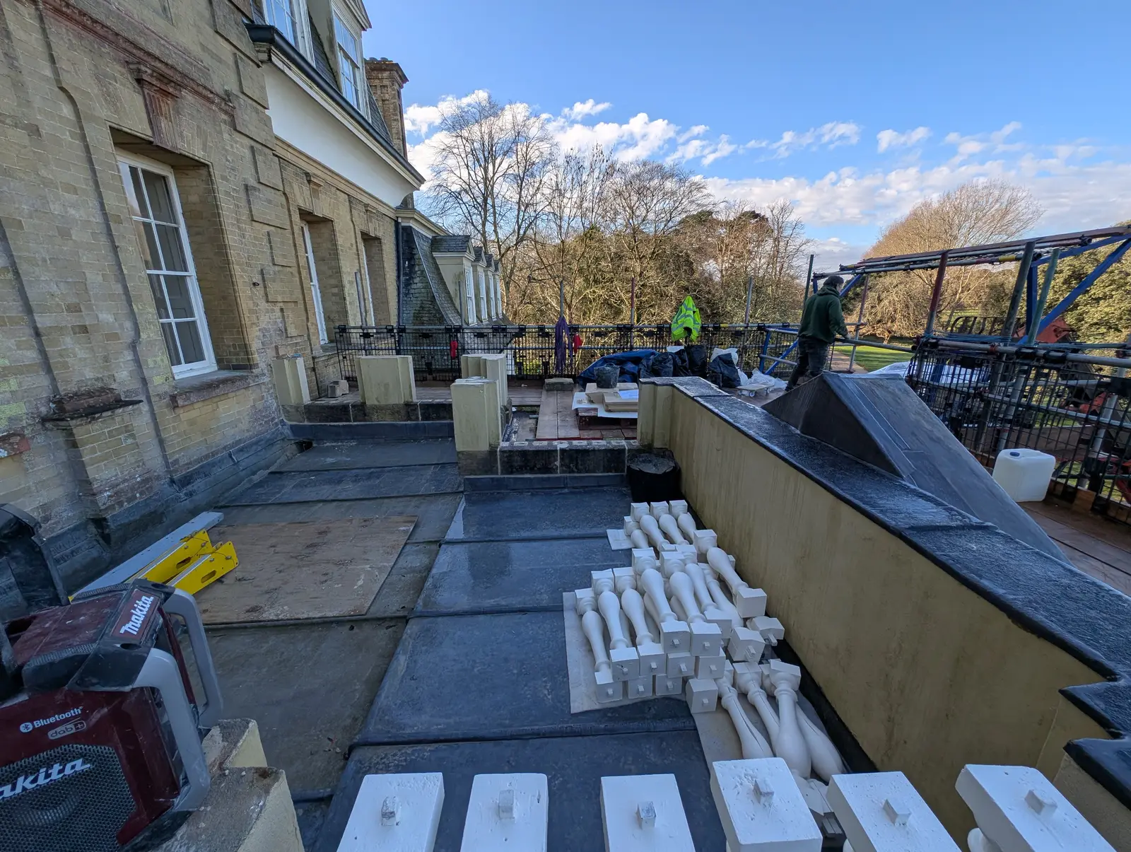 Portico at Pylewell Park, historic mansion restoration — turned timber balustrade