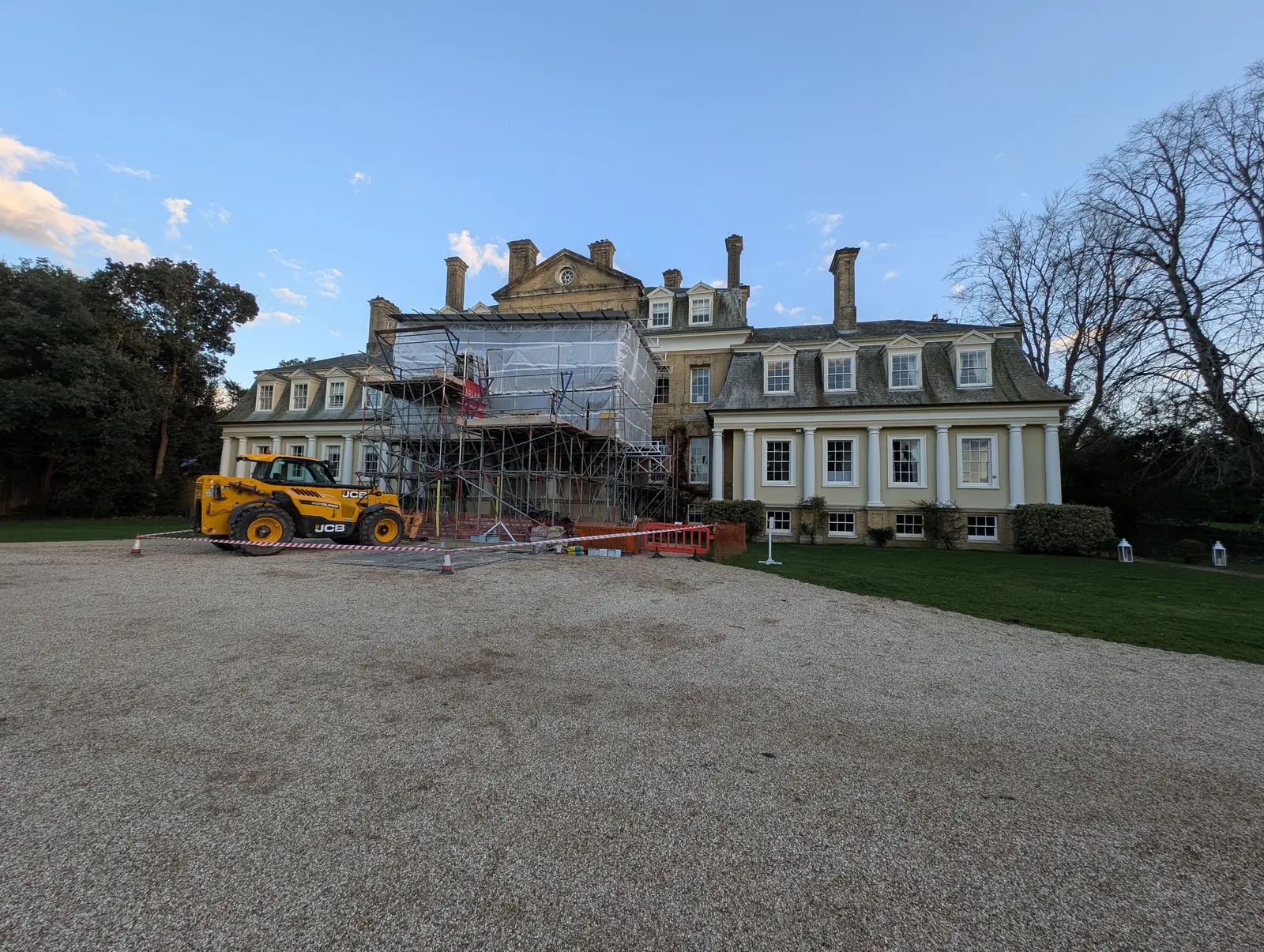 Portico at Pylewell Park, historic mansion restoration — completed restoration