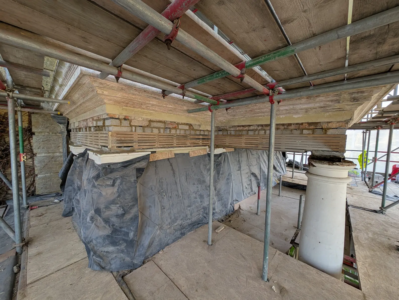 Portico at Pylewell Park, historic mansion restoration — running mould cornice