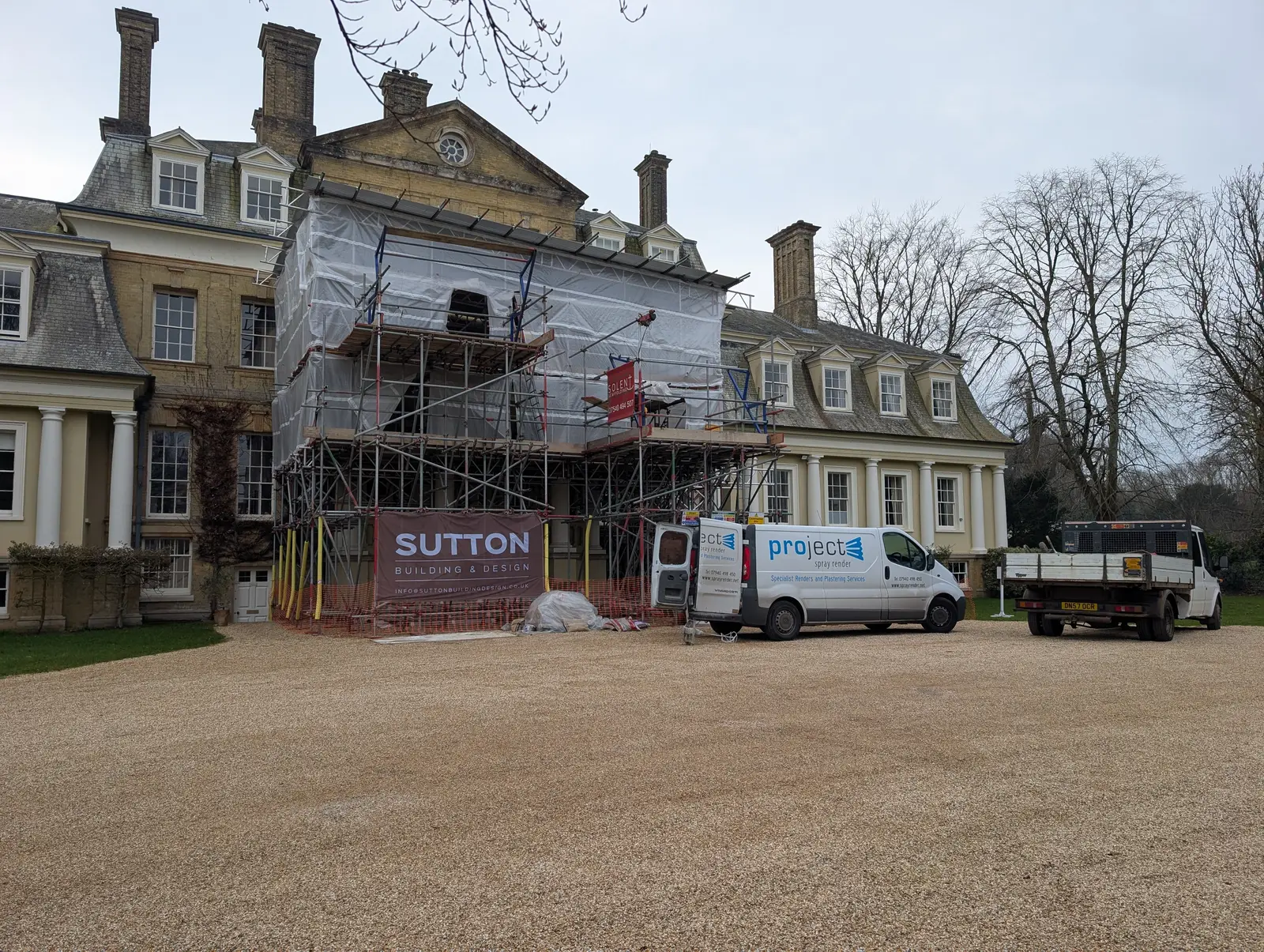 Portico at Pylewell Park, historic mansion restoration — front elevation