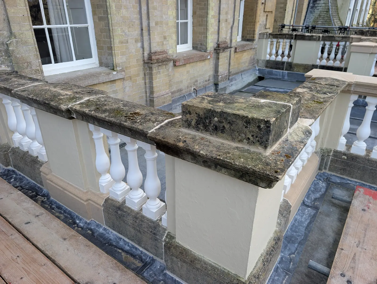Portico at Pylewell Park, historic mansion restoration — running mould cornice