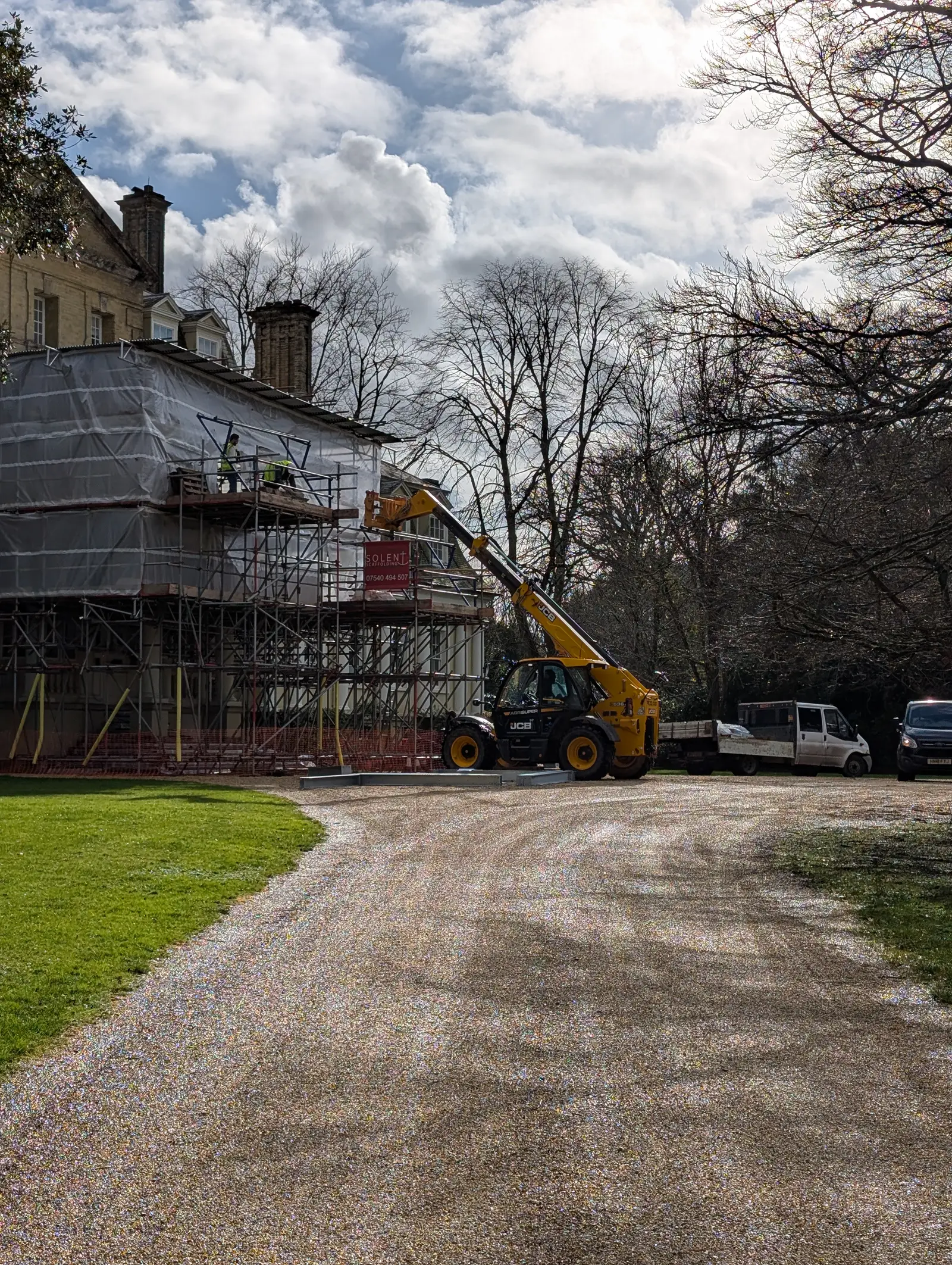 Portico at Pylewell Park, historic mansion restoration — completed restoration