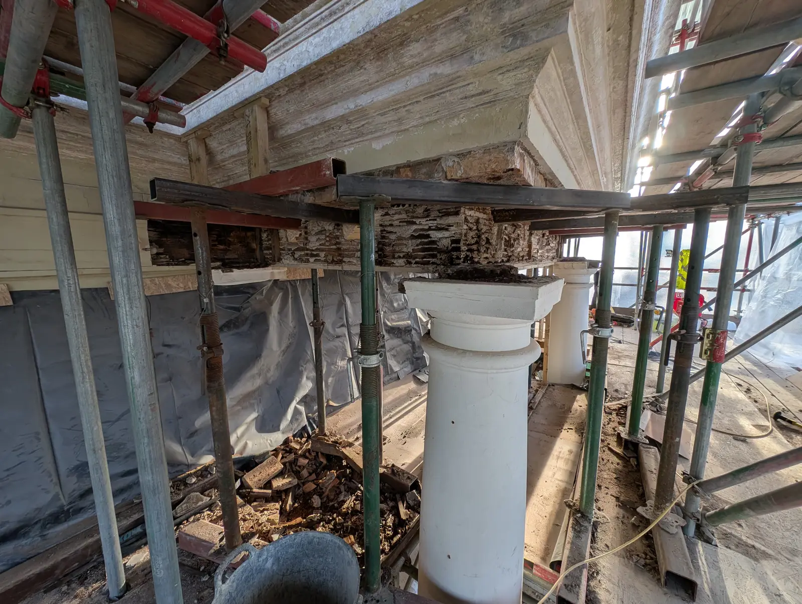 Portico at Pylewell Park, historic mansion restoration — turned timber balustrade