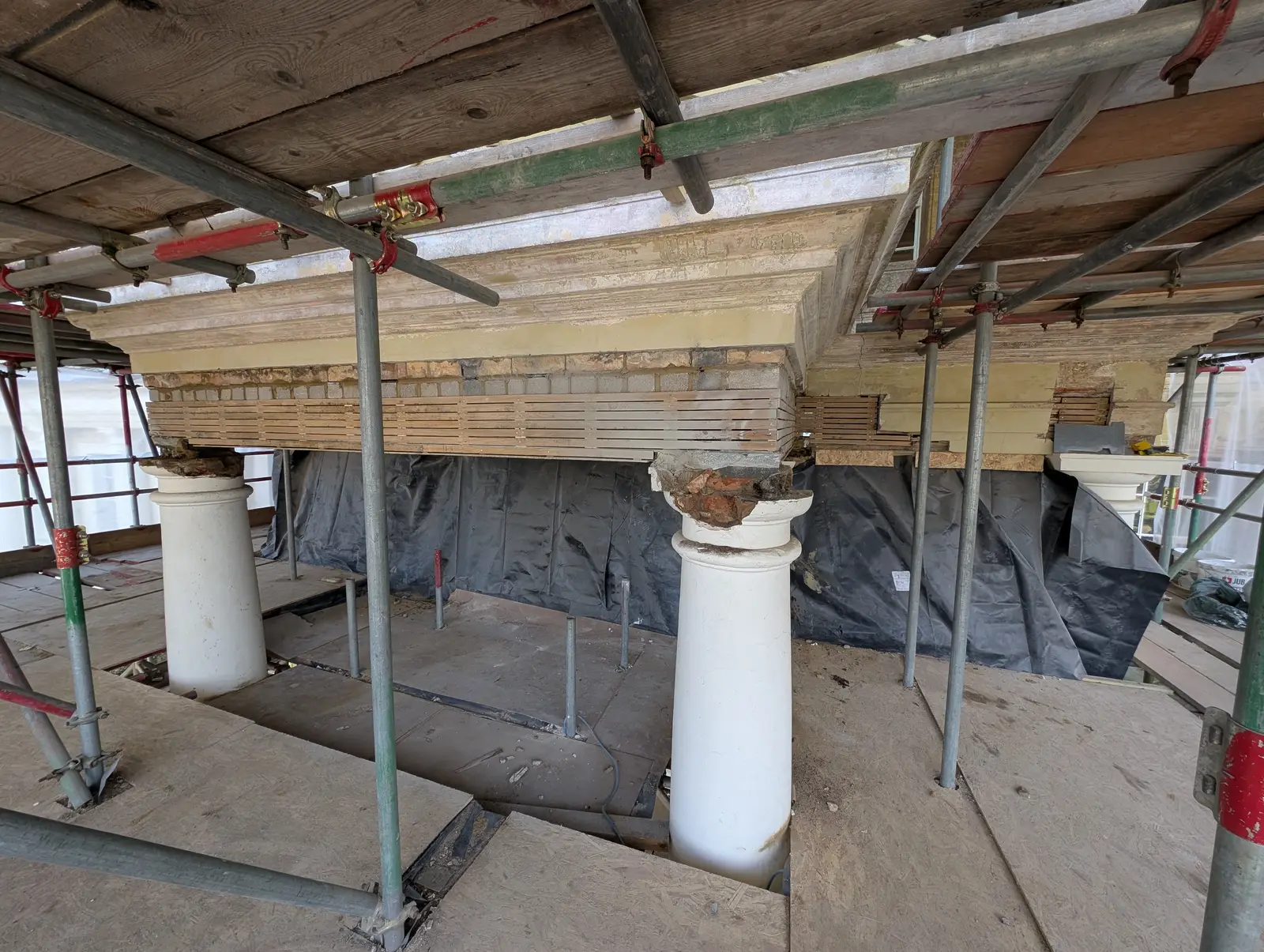 Portico at Pylewell Park, historic mansion restoration — turned timber balustrade