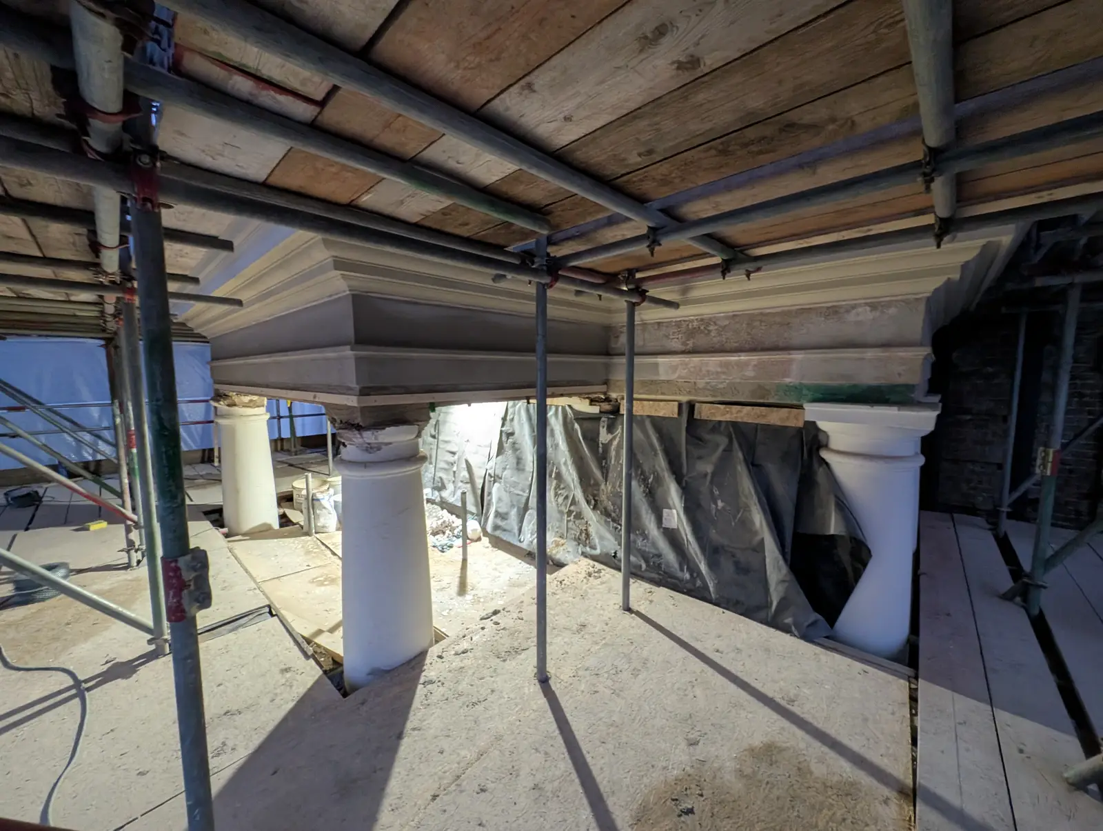 Portico at Pylewell Park, historic mansion restoration — running mould cornice