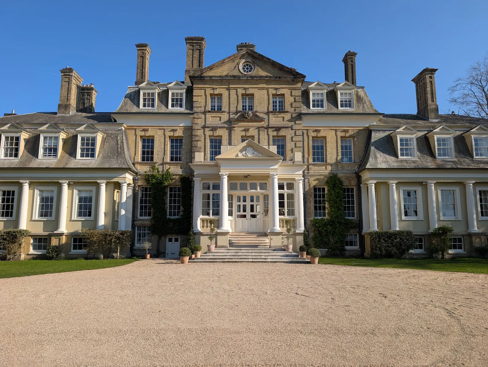 Portico at Pylewell Park, historic mansion restoration — front elevation