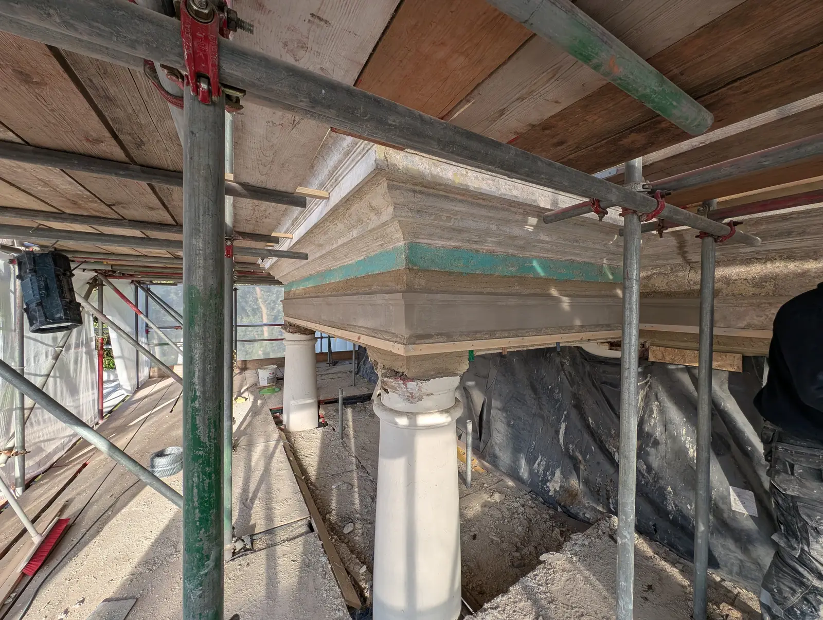 Portico at Pylewell Park, historic mansion restoration — turned timber balustrade