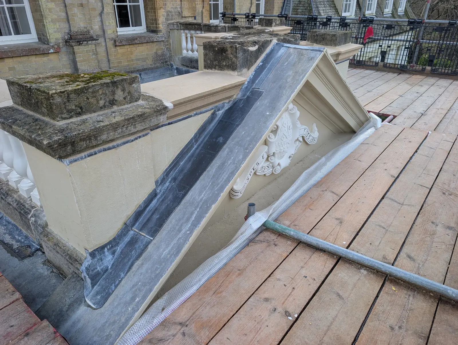 Portico at Pylewell Park, historic mansion restoration — structural repair