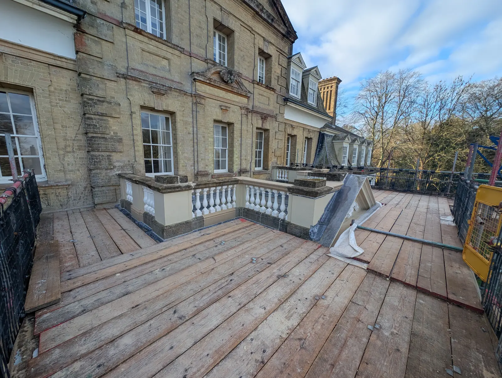 Portico at Pylewell Park, historic mansion restoration — turned timber balustrade