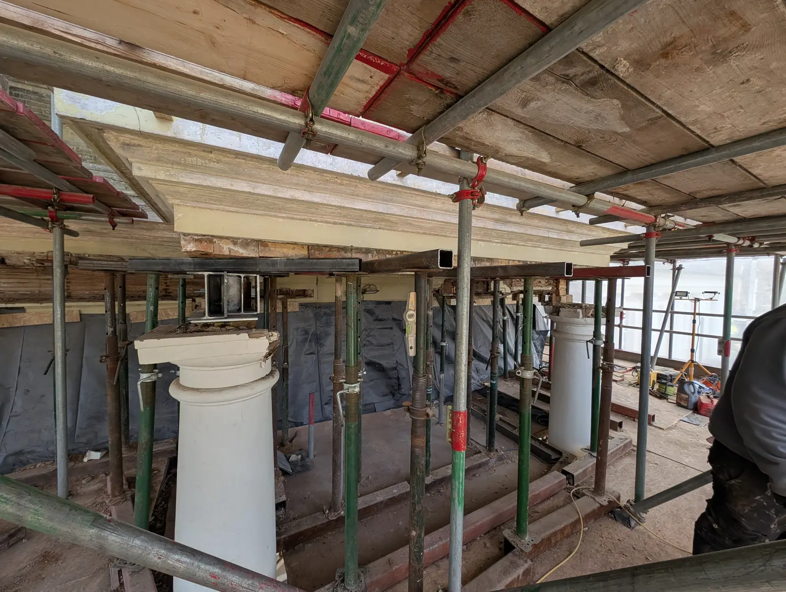 Portico at Pylewell Park, historic mansion restoration — running mould cornice