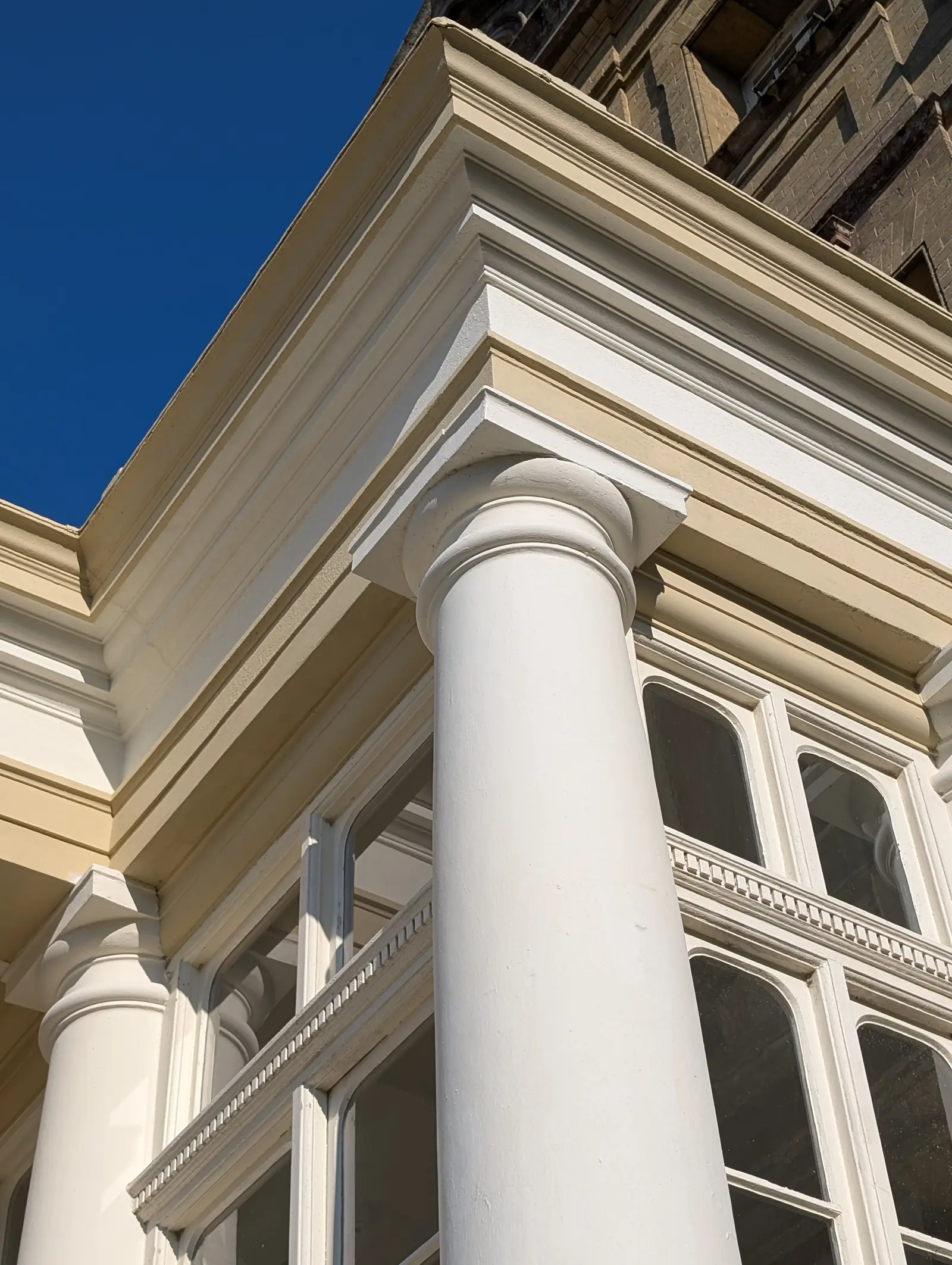 Portico at Pylewell Park, historic mansion restoration — front elevation