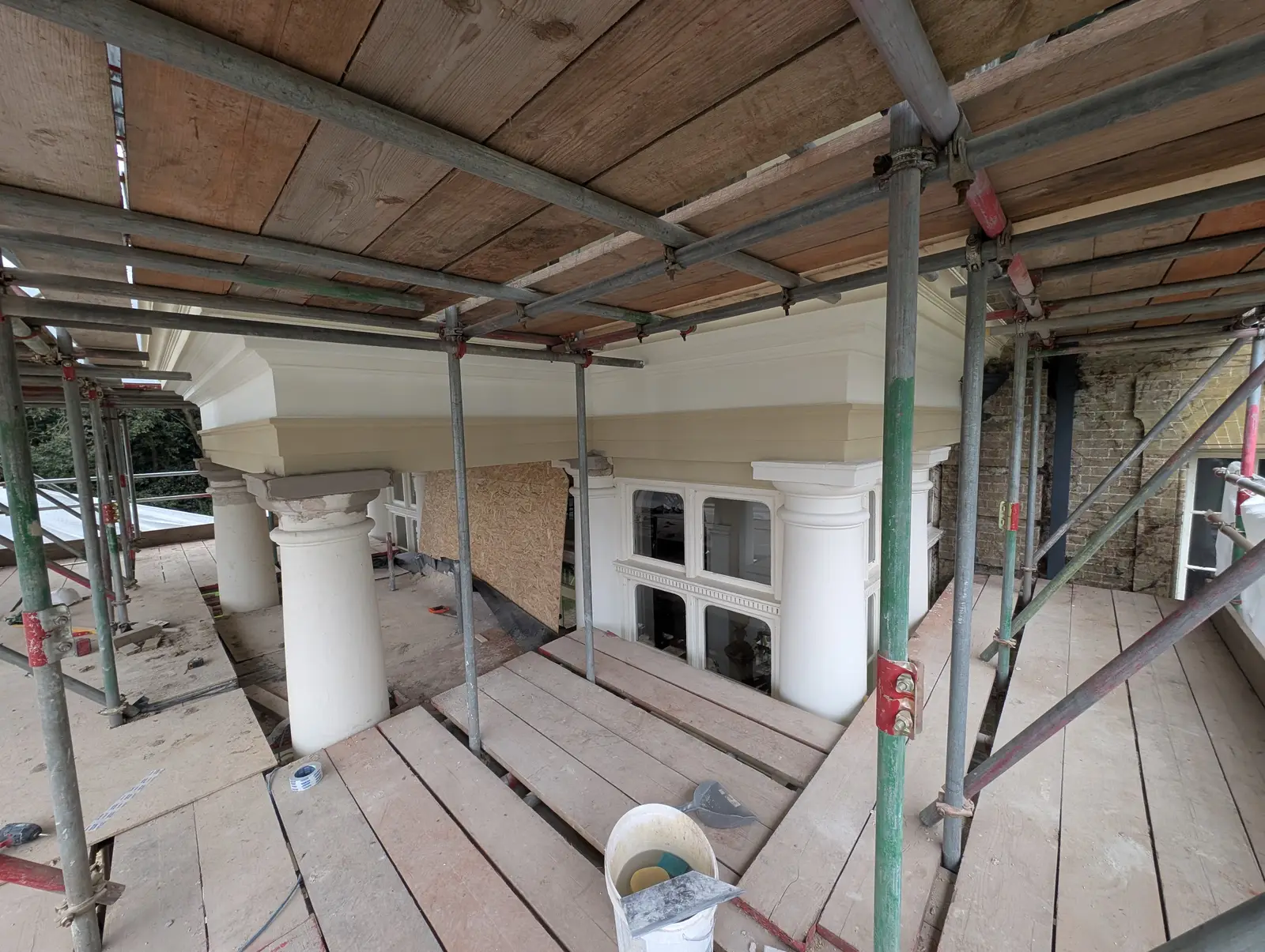 Portico at Pylewell Park, historic mansion restoration — front elevation