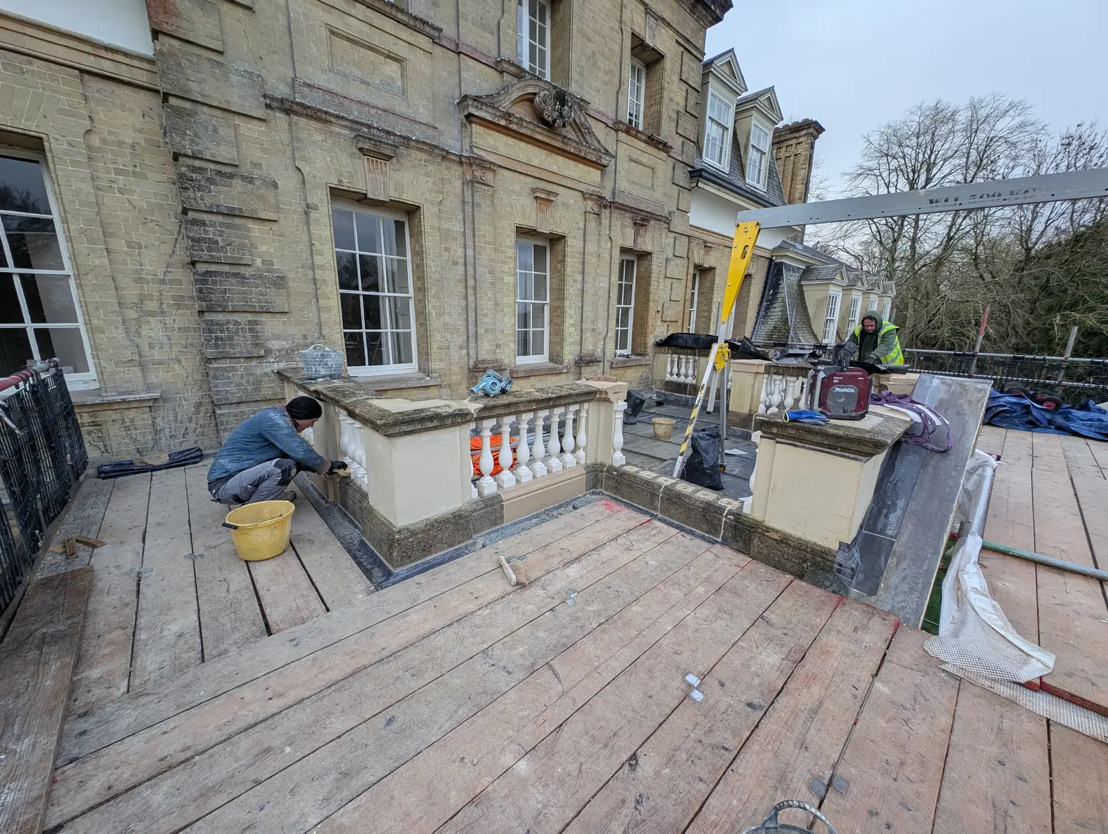 Portico at Pylewell Park, historic mansion restoration — running mould cornice
