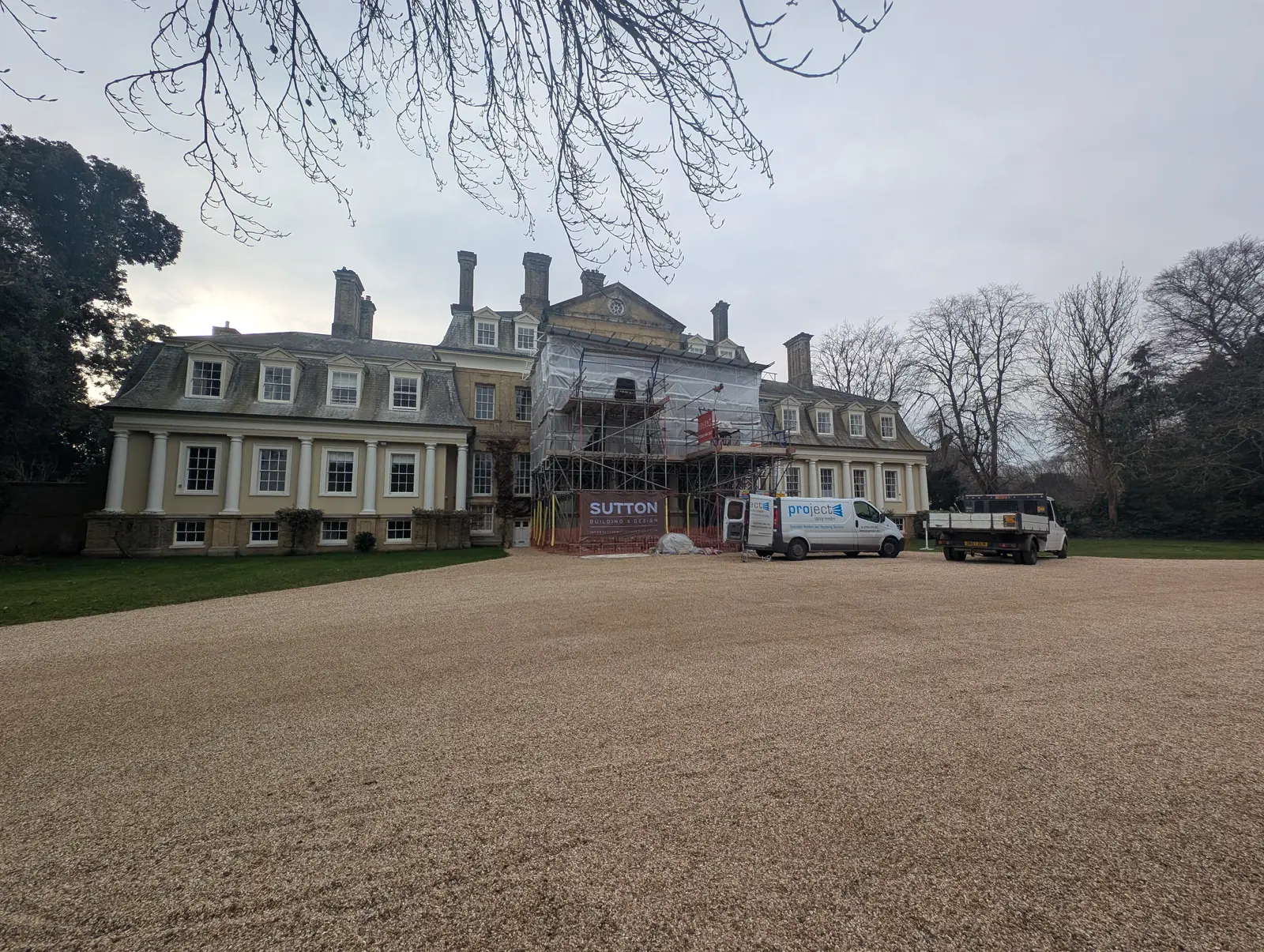 Portico at Pylewell Park, historic mansion restoration — completed restoration