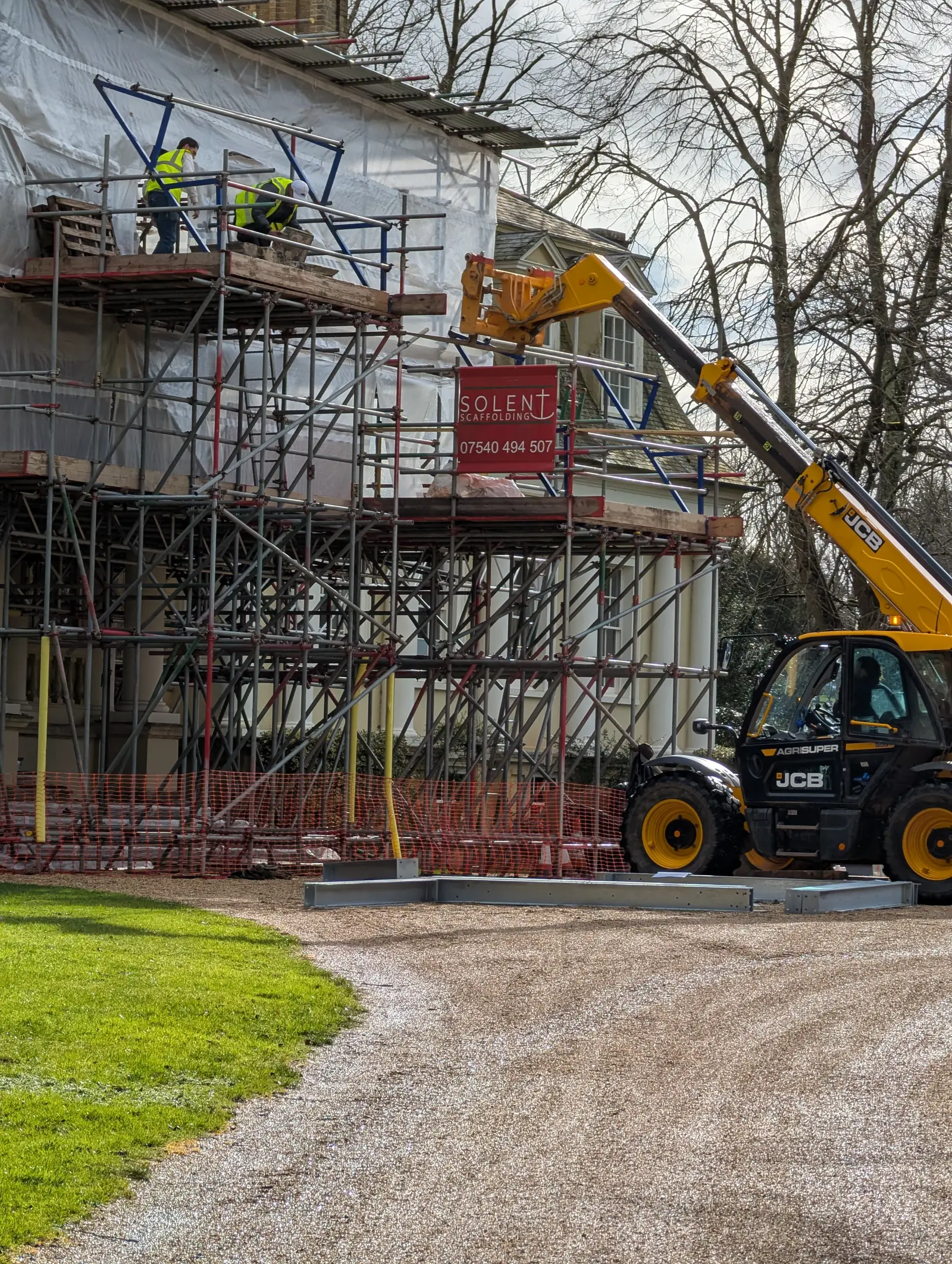 Portico at Pylewell Park, historic mansion restoration — front elevation