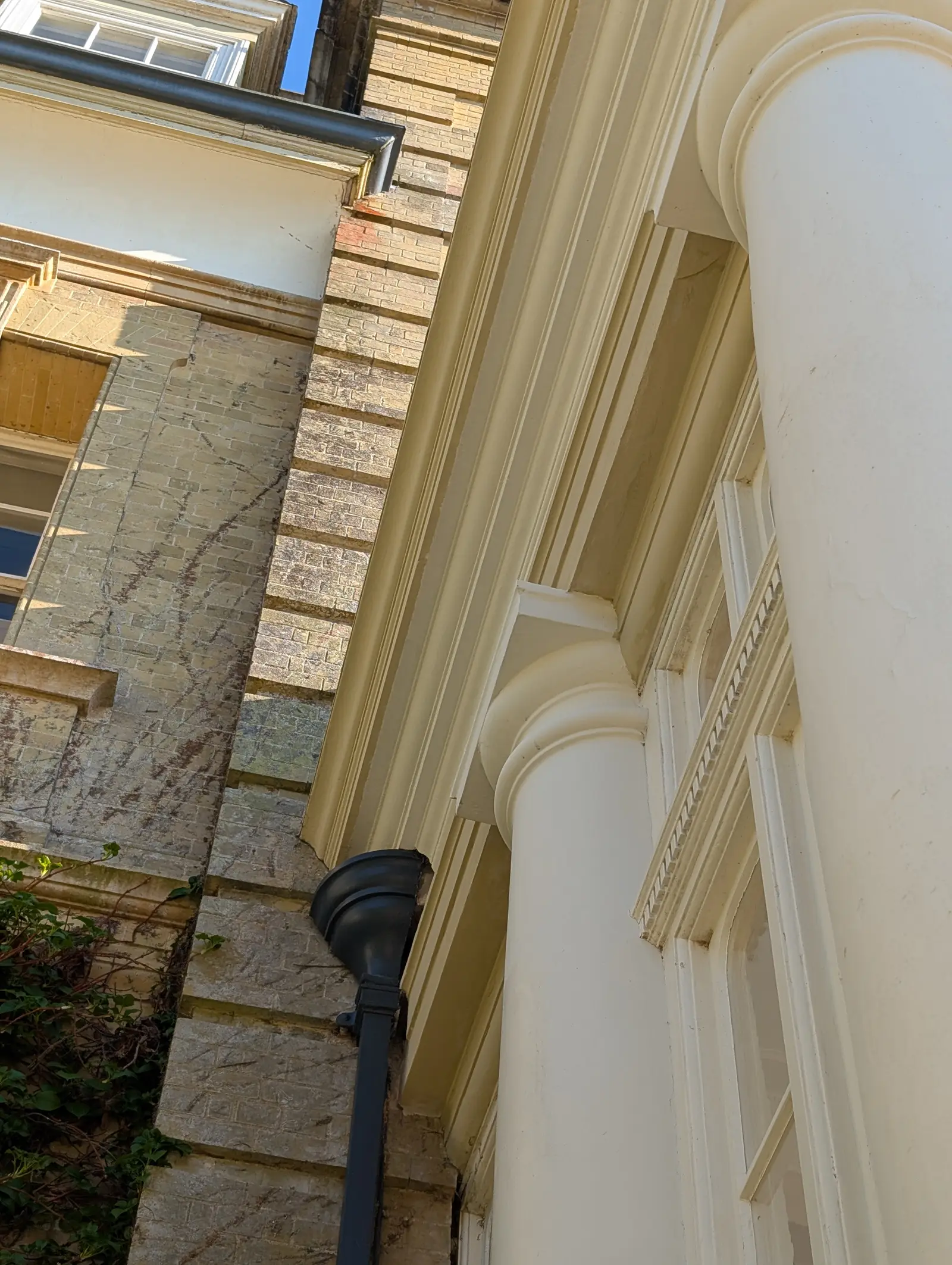 Portico at Pylewell Park, historic mansion restoration — running mould cornice