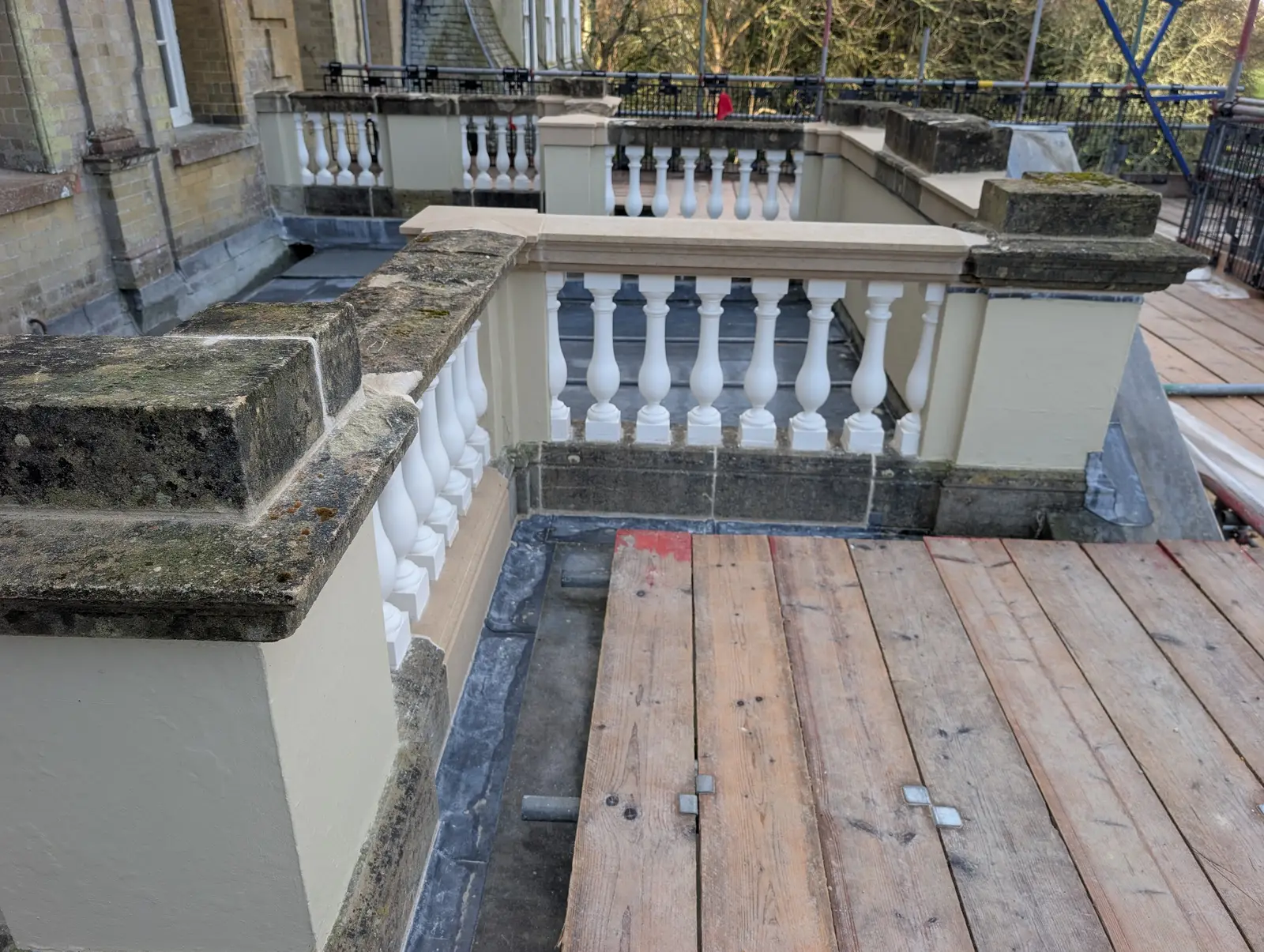 Portico at Pylewell Park, historic mansion restoration — turned timber balustrade