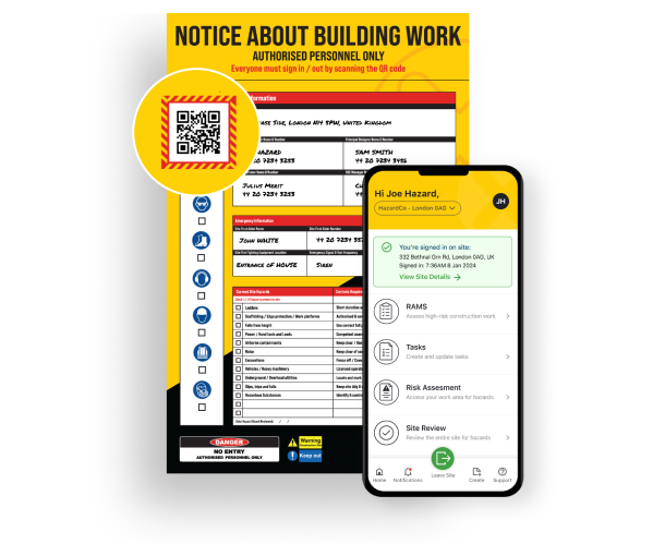 Digital health and safety management — QR site sign-in notice and mobile induction and RAMS app