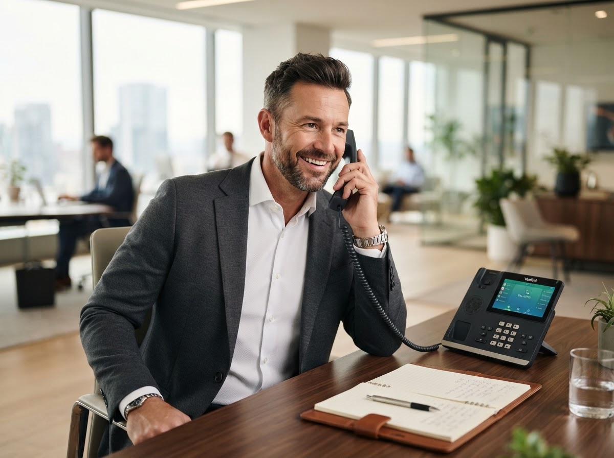 Smiling businessman talking on a Yealink T57W executive IP desk phone