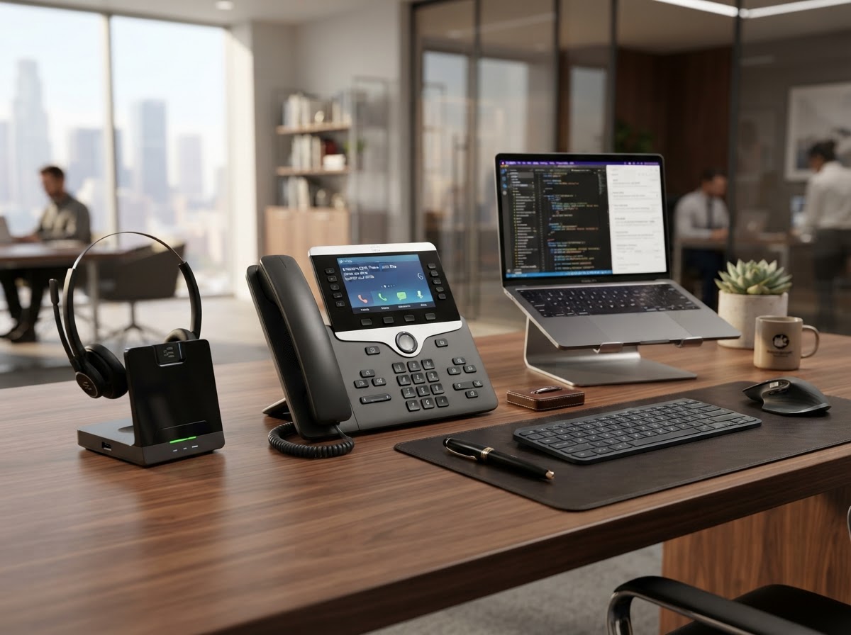Modern VoIP Desk Phone and Wireless Headset