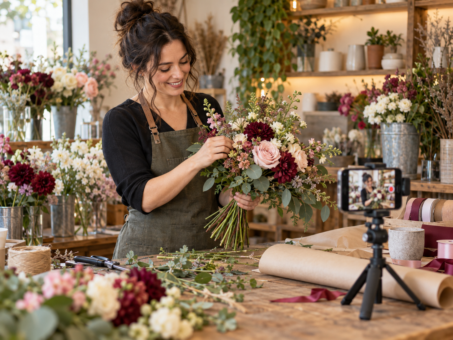 Independent florist arranging a seasonal bouquet while recording the creative process on a smartphone.