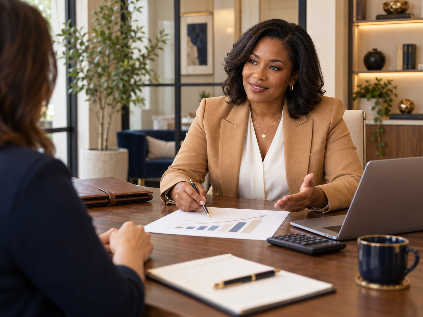 Female financial consultant working at a desk in a bright and polished home office.