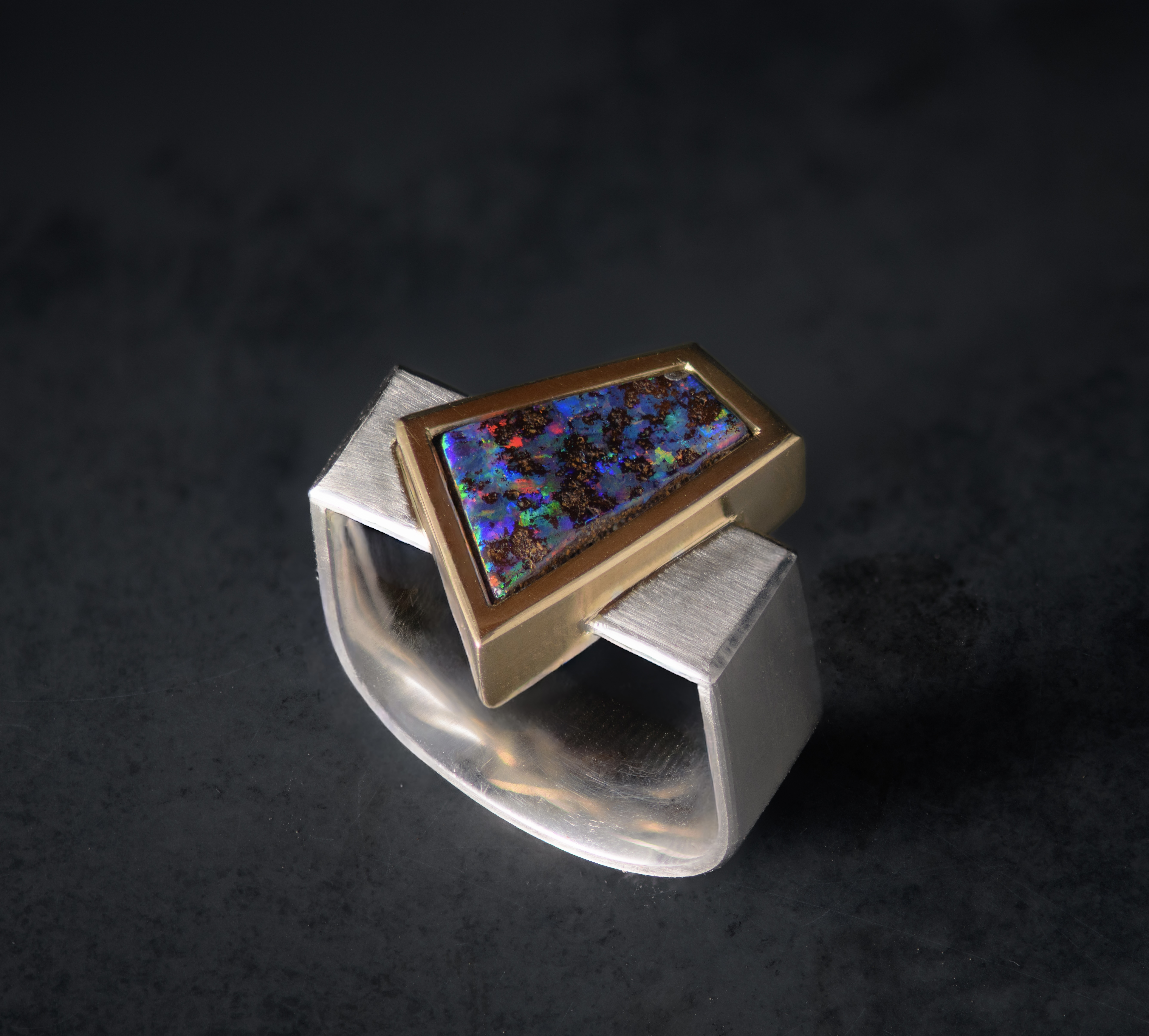 Finished boulder opal ring, top view