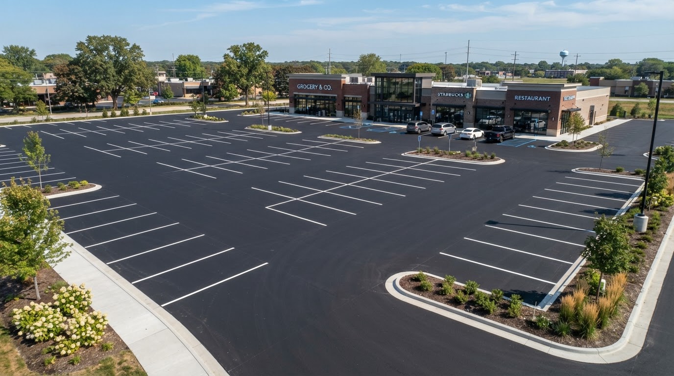 Commercial asphalt parking lot paving installed by JW Concrete Construction in Troy IL