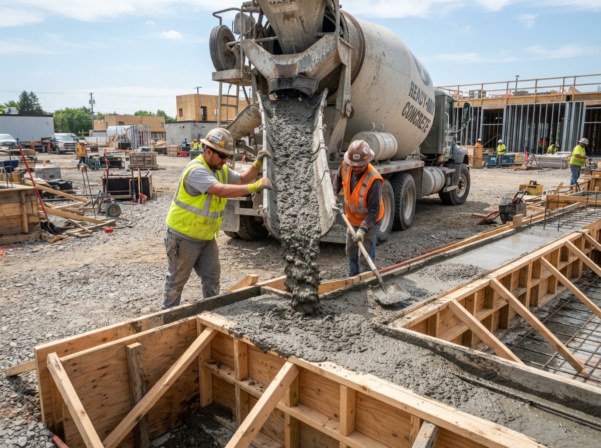 Ready mix concrete pouring from a truck chute into wooden forms on a jobsite