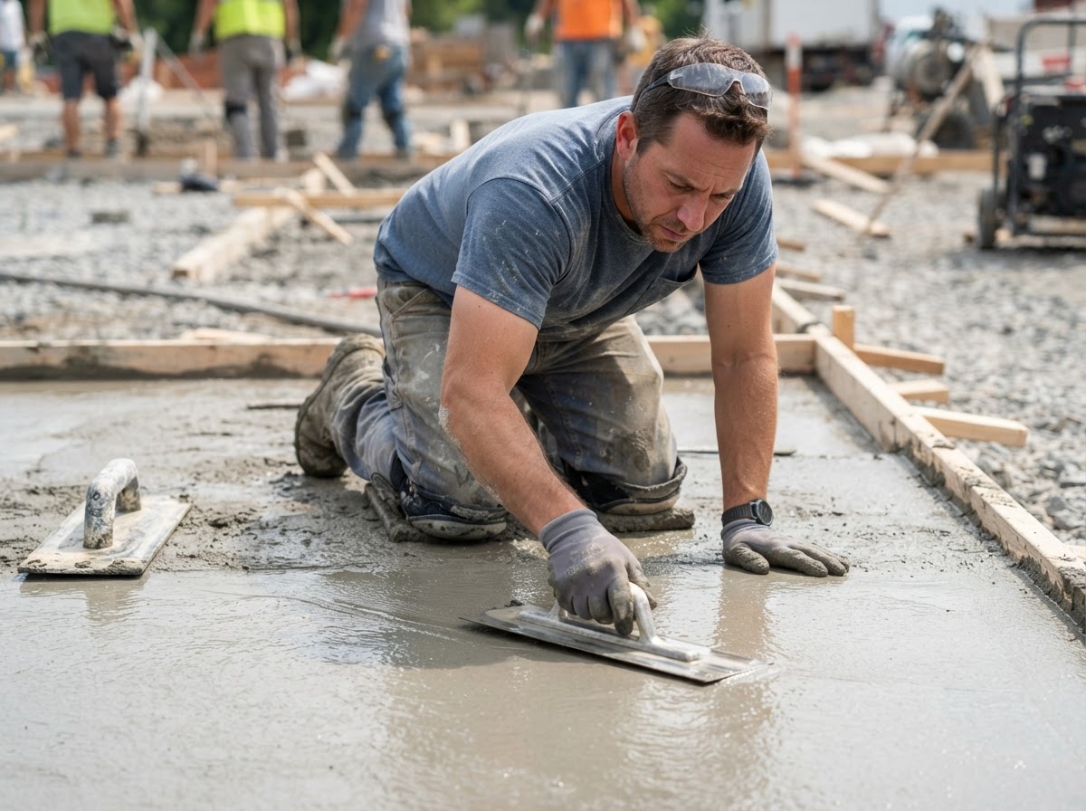 Concrete finisher hand troweling a fresh concrete surface to a smooth finish