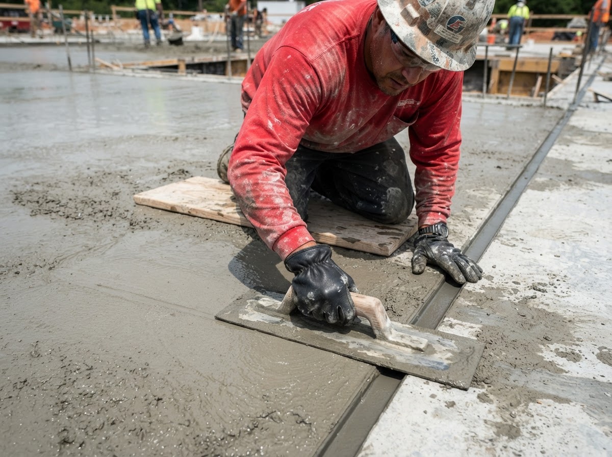 Concrete finisher in red work sleeve and black glove hand floating fresh wet concrete slab with magnesium hand float