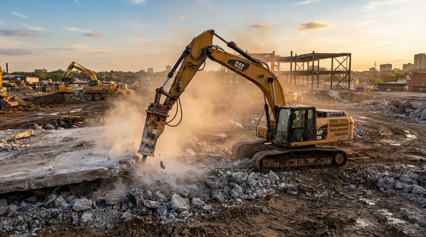 Site grading and concrete demolition equipment on an Illinois jobsite