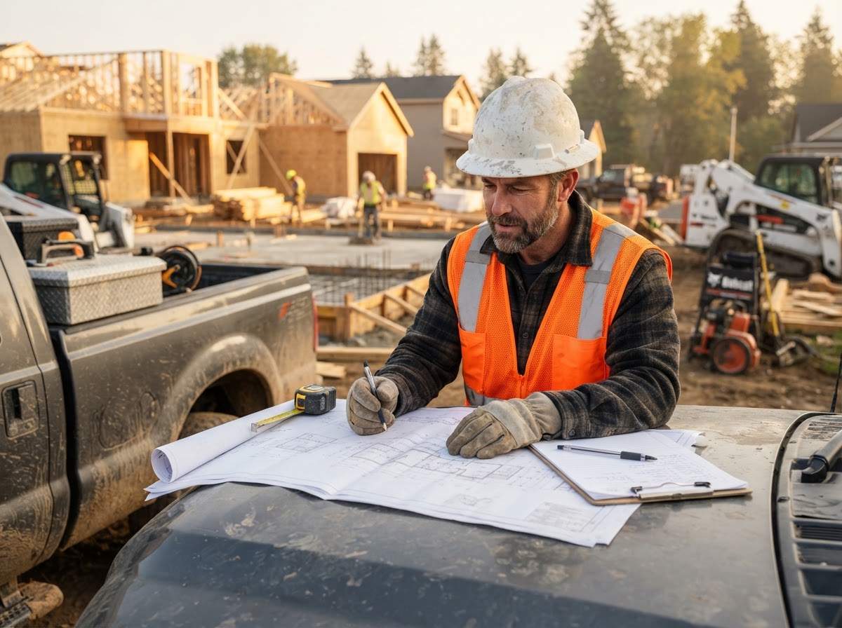 Concrete contractor reviewing blueprints and plans on site before a pour