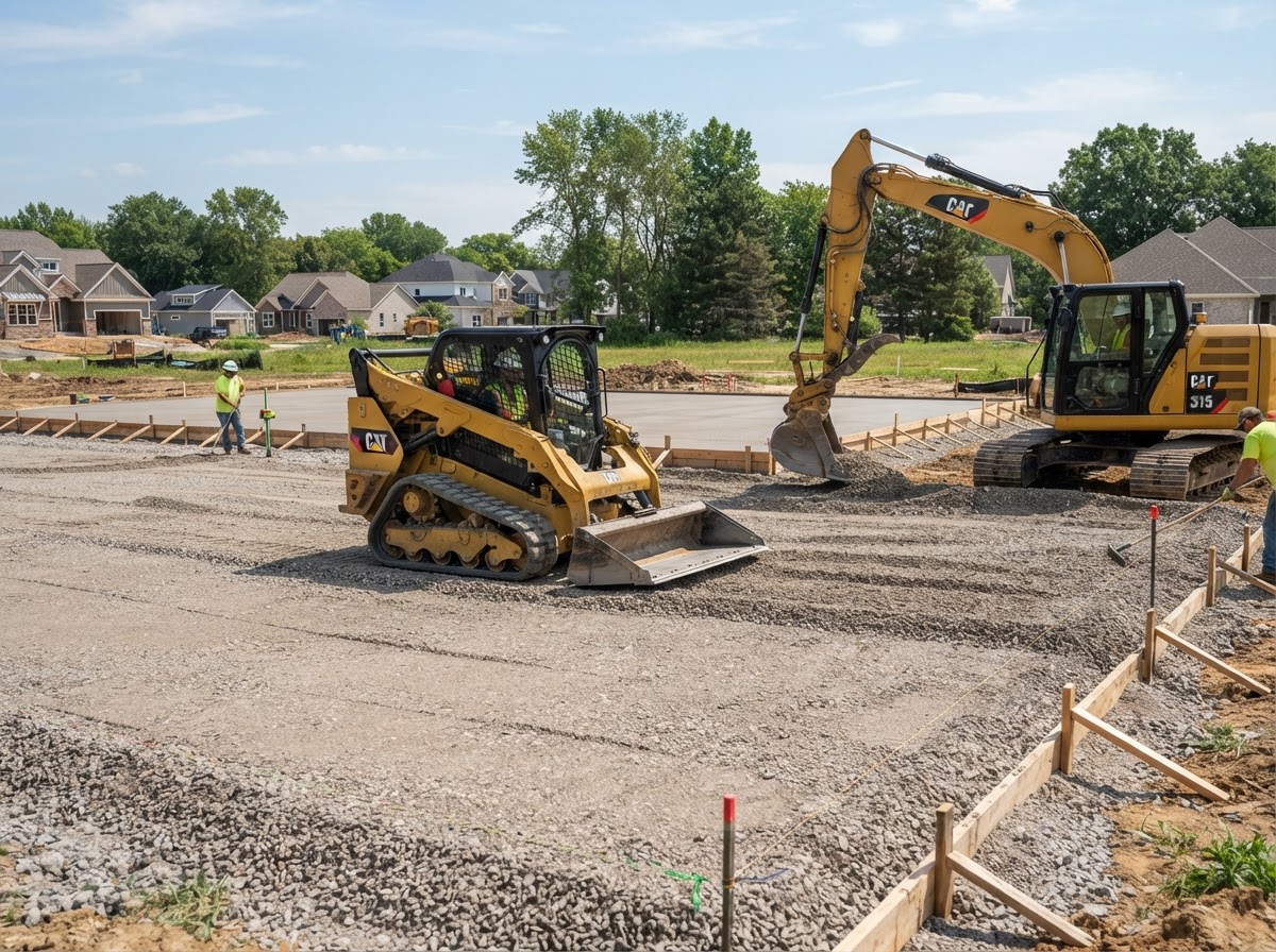 Skid steer and excavator grading and compacting a gravel base before a concrete pour