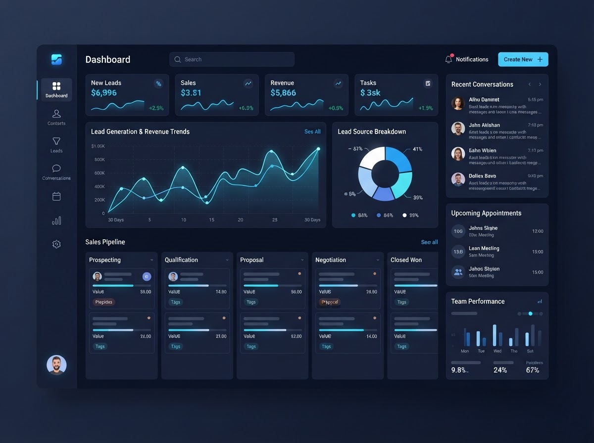 RUON TECH CRM dashboard with contacts, leads, pipeline and automation