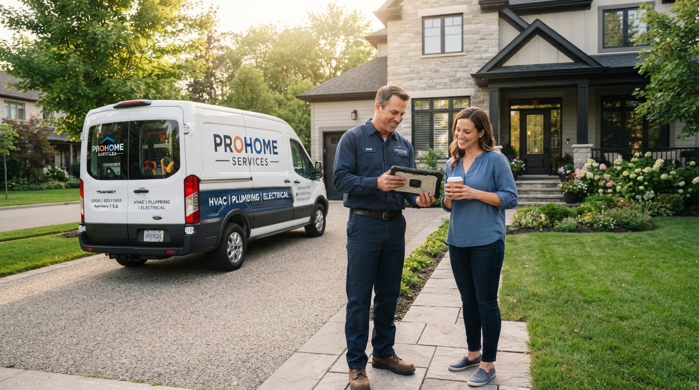 Home service contractor in branded van reviewing dispatch app with homeowner