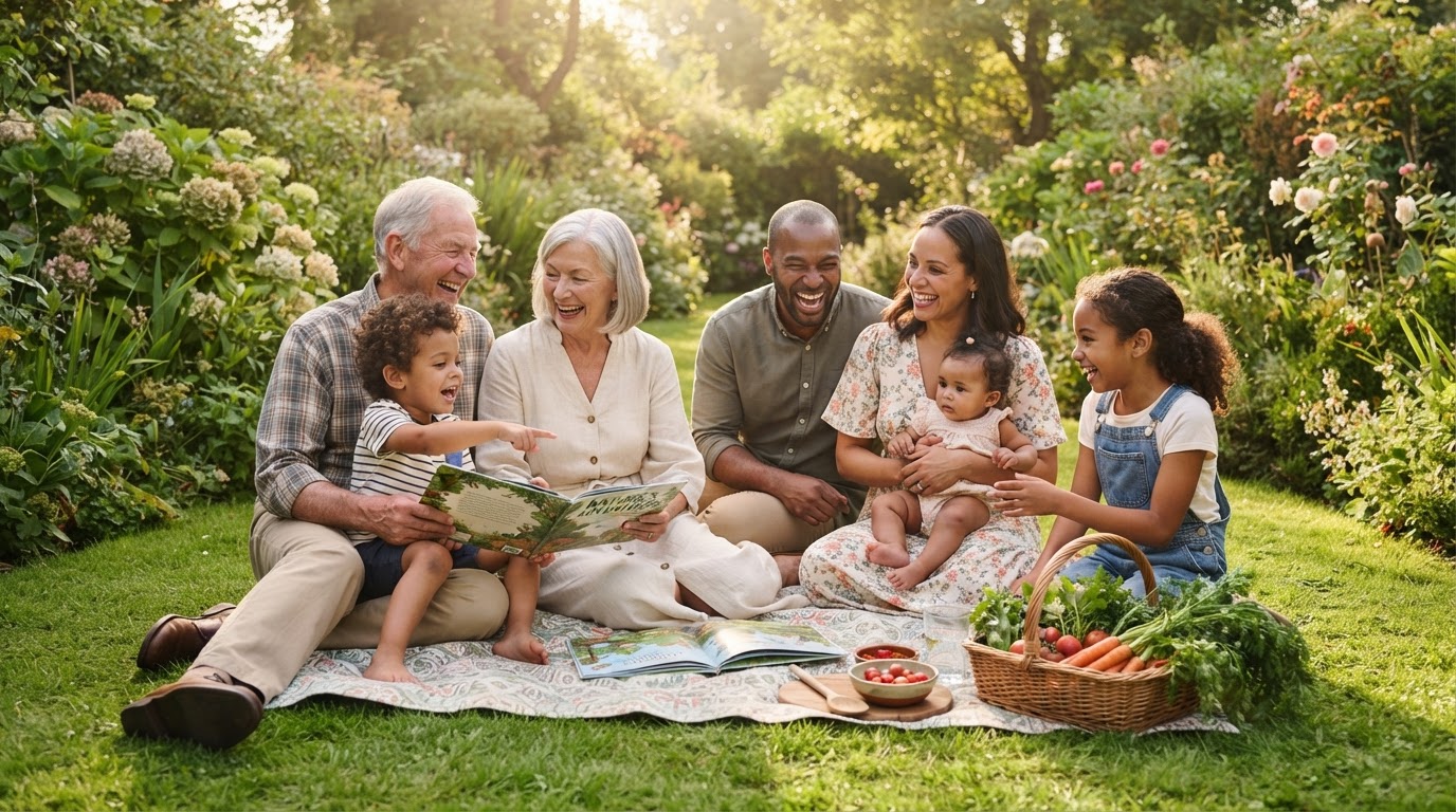 A multi-generational family learning and sharing a healthy moment outdoors surrounded by greenery