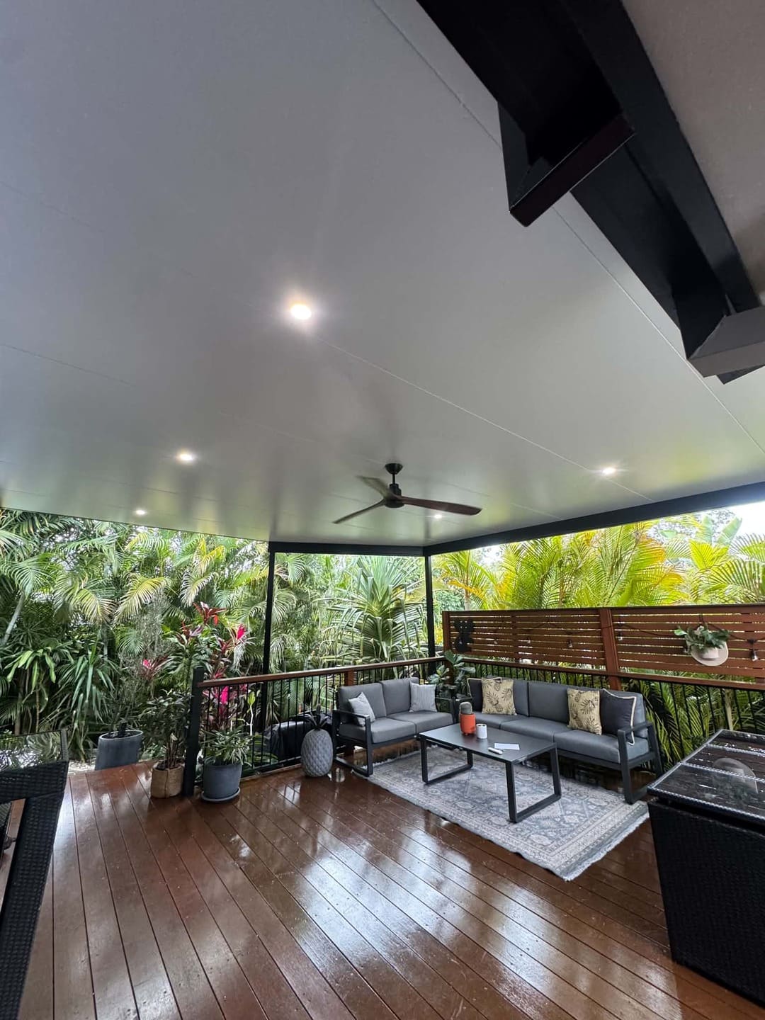 Outdoor deck ceiling downlights and fan electrical installation inspection by Total Blackout Electrical