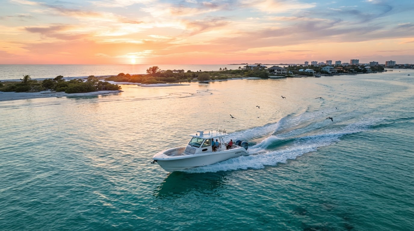 Grady-White motorboat gliding across turquoise Gulf waters in Sarasota Florida