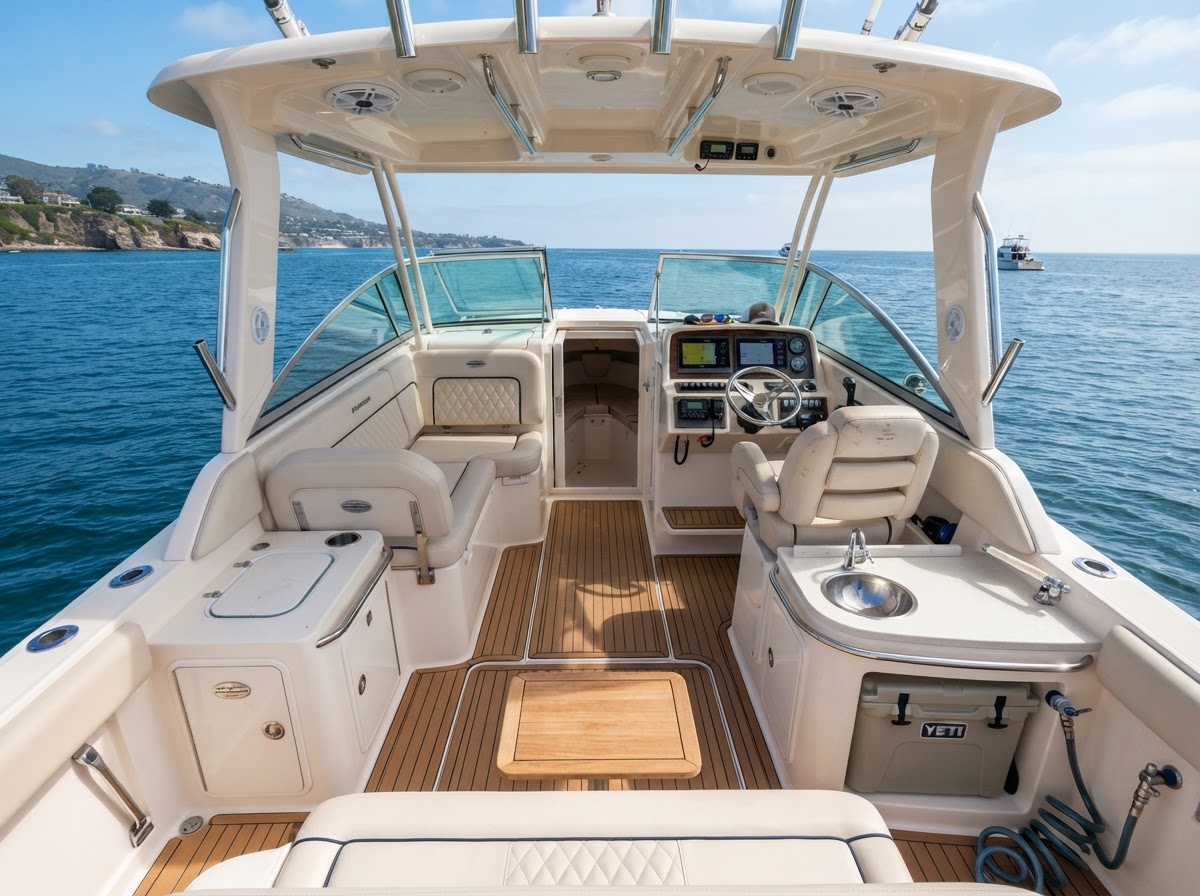 Grady-White Freedom 275 cockpit, deck seating, and twin Yamaha engines view