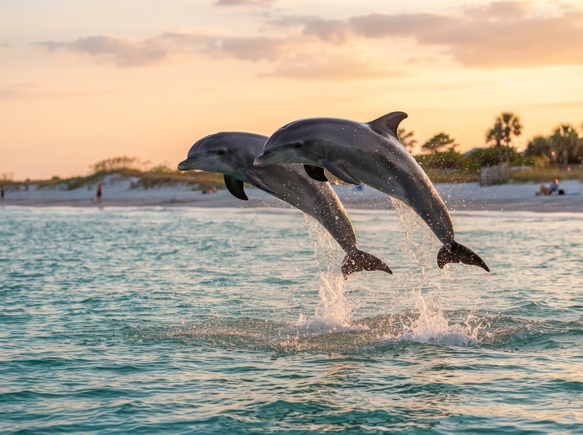 Wild dolphins leaping near boat in Venice Nokomis Florida