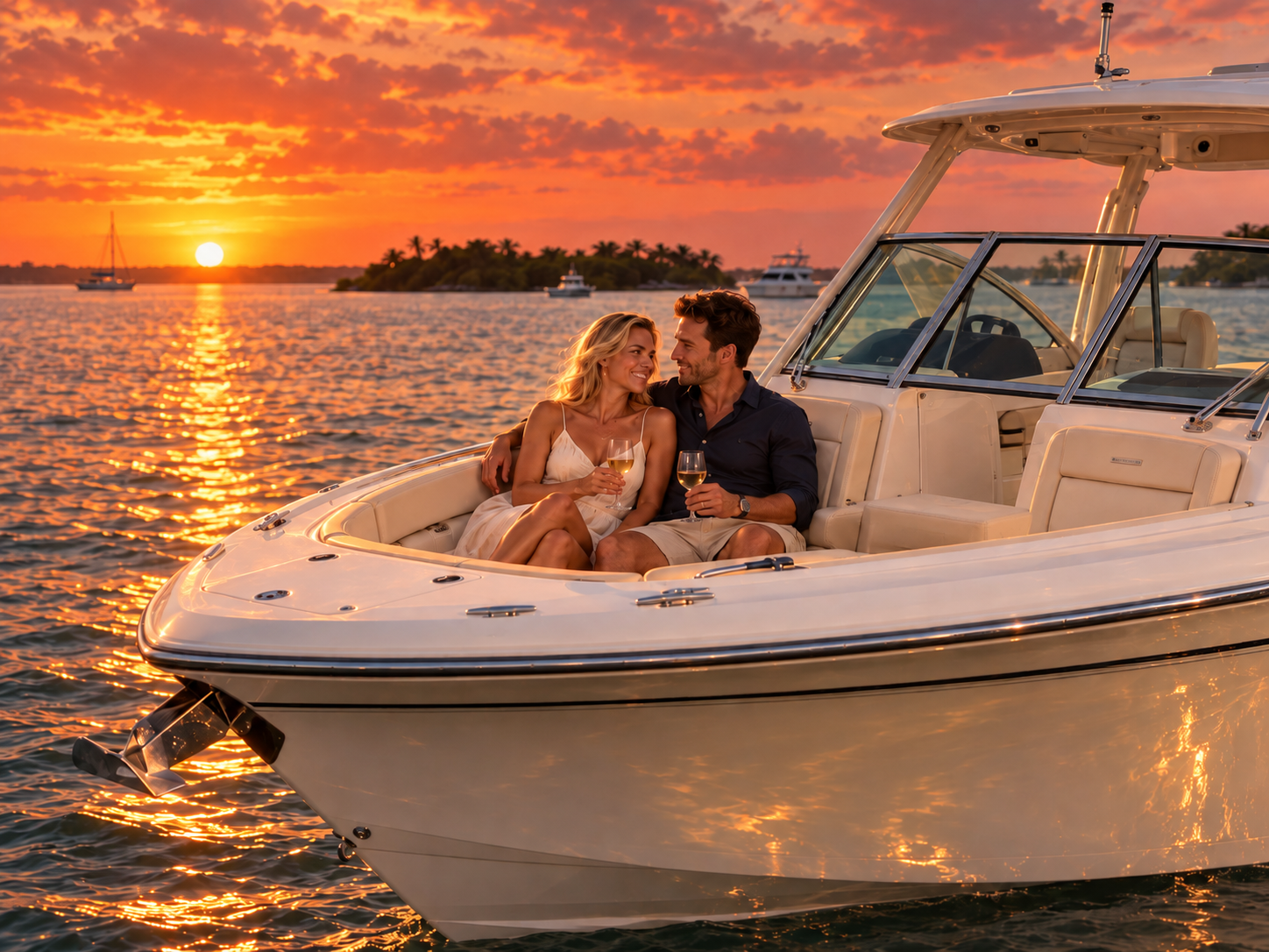 Couple relaxing on the Grady-White Freedom 275 at sunset