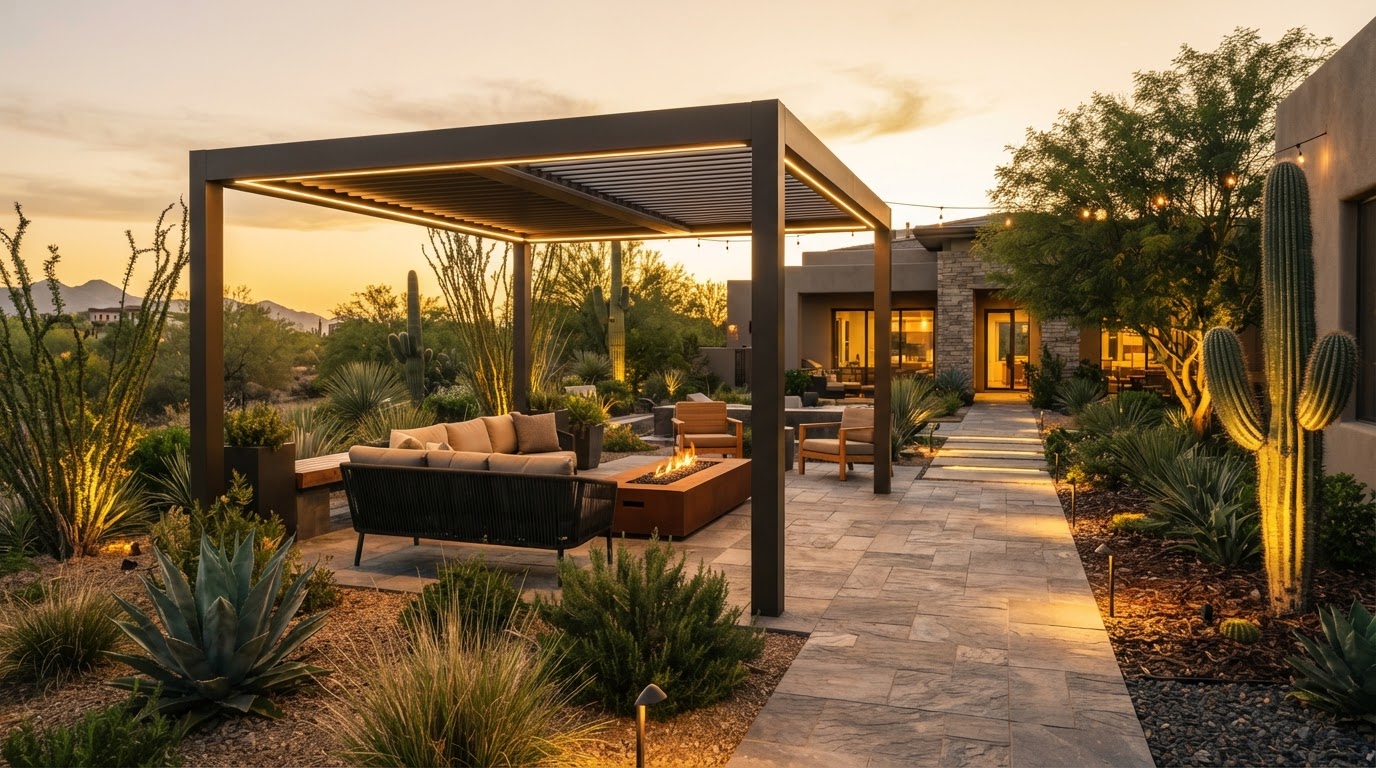 Premium outdoor living transformation at golden hour