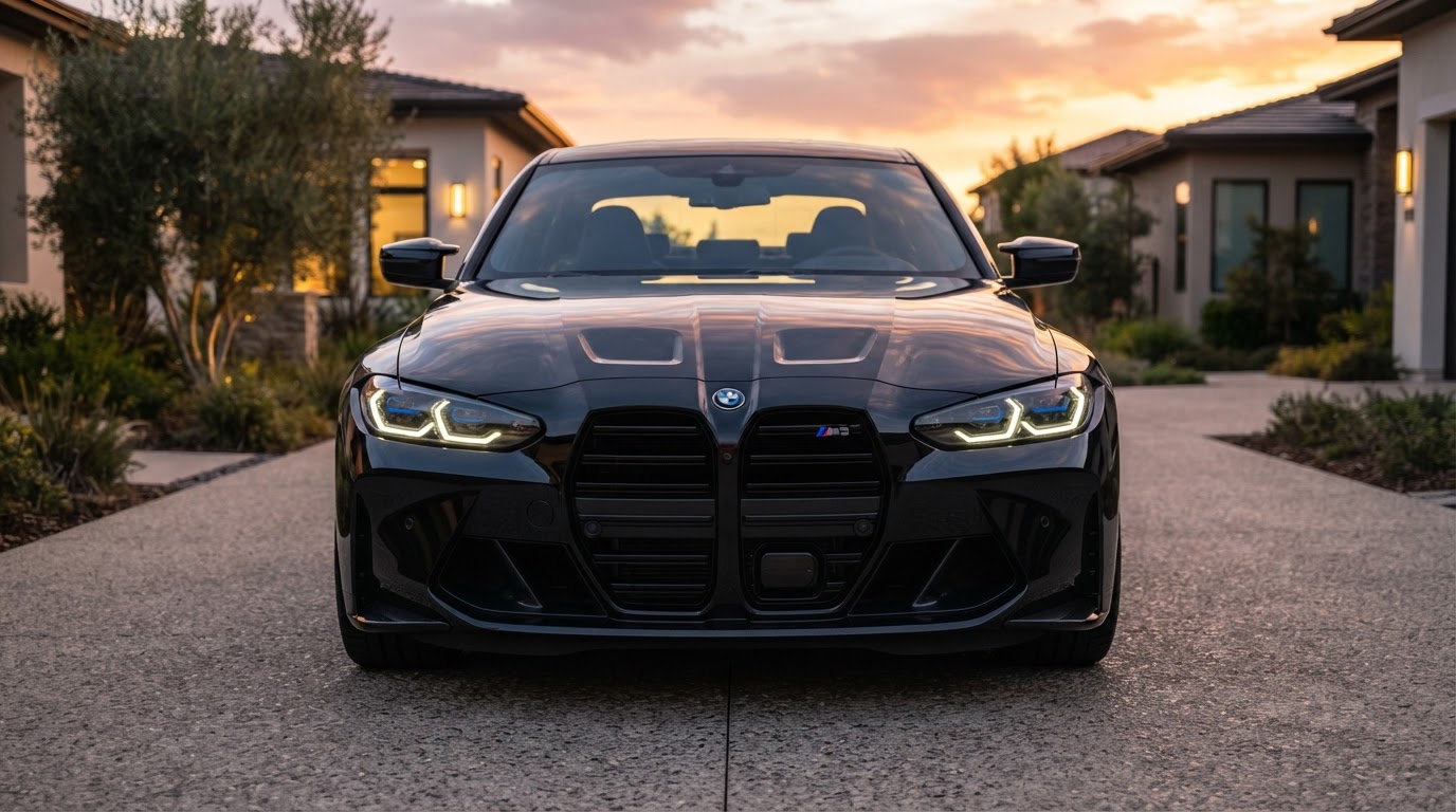 2026 BMW M3 Sapphire Black Front View with Laser Headlights and Red Brake Calipers at Golden Hour — S1 Premium Spa Mobile Auto Detailing