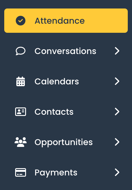 HighLevel sub-account sidebar showing the Attendance item