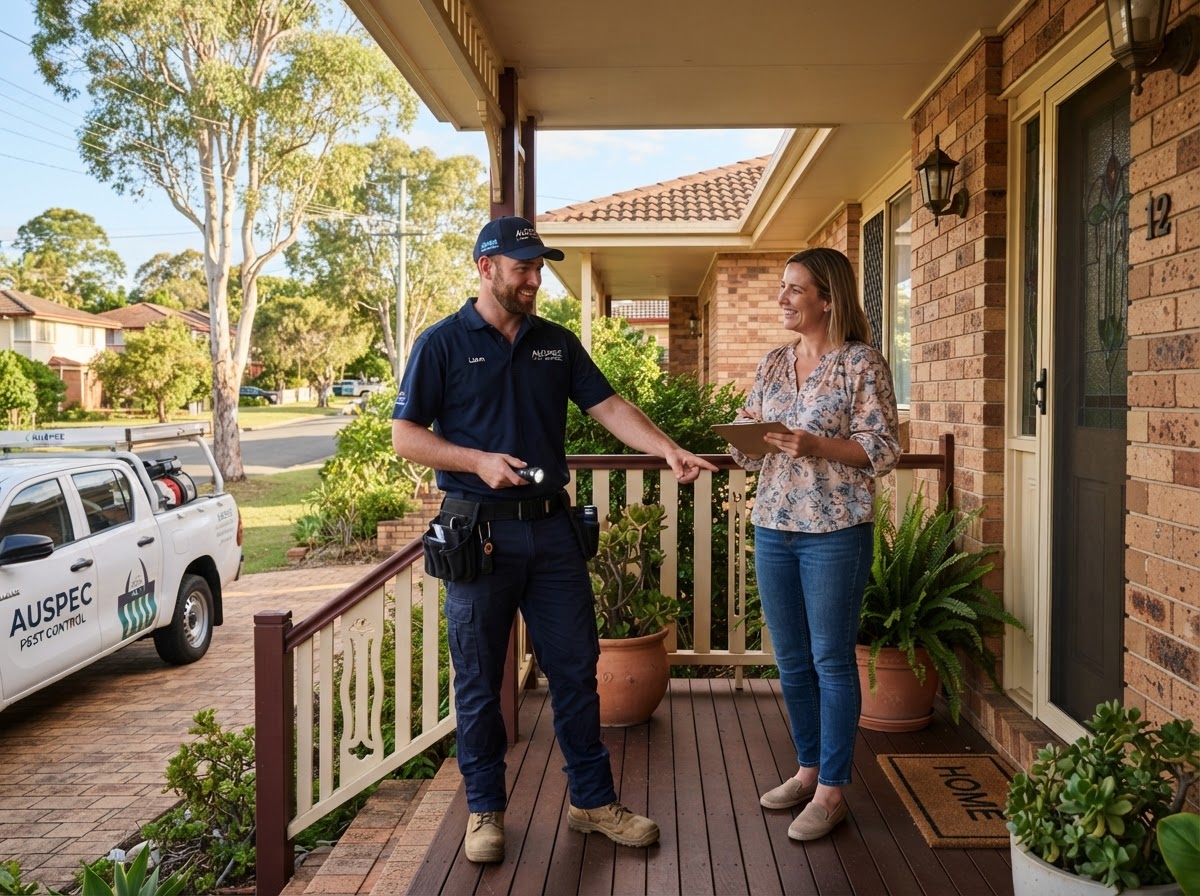 Eugene's Pest Control technician consulting with a homeowner