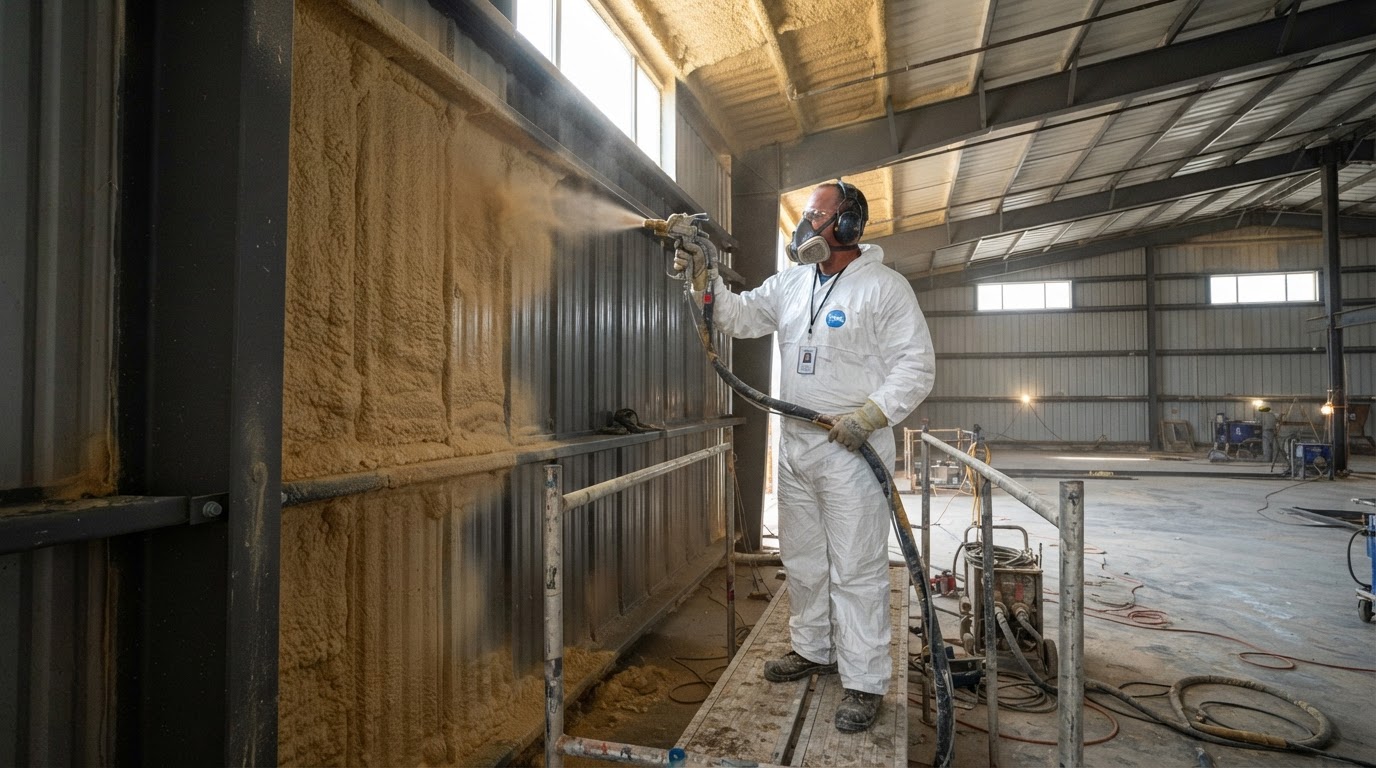 Installer applying spray foam insulation directly to steel wall panels and structural steel framing inside a steel building near Huntsville Alabama