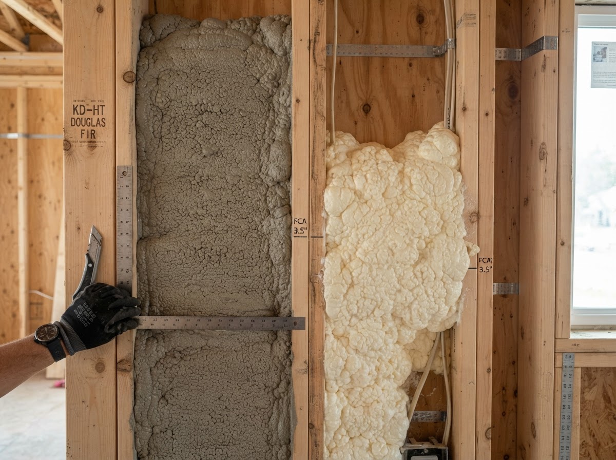 Close-up detail of expanding spray foam insulation curing between framing studs in a Huntsville property